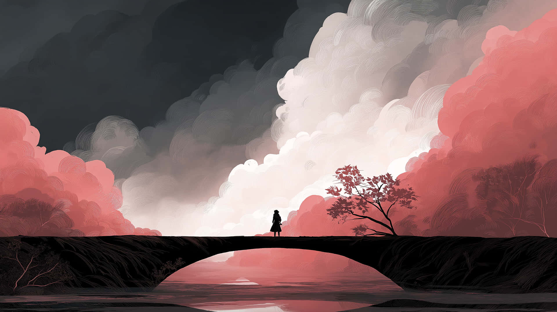 Solitary Figure on Bridge Beneath Dramatic Expansive Sky 壁紙 — 一個孤獨的身影站在石橋上，天空佈滿粉紅色和灰色的雲彩，充滿戲劇性，附近有一棵孤樹。