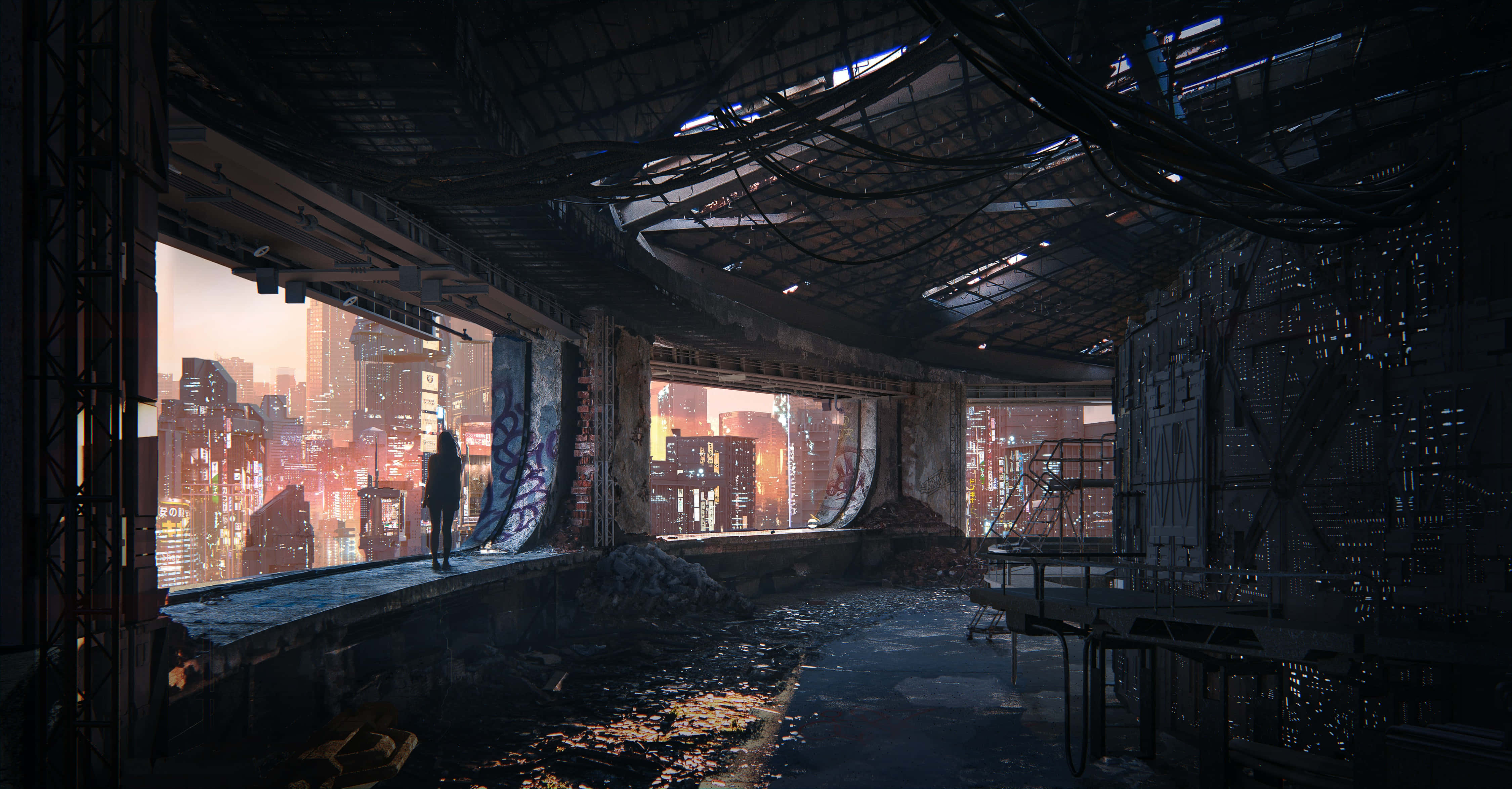 Dark Dystopian 桌布 壁紙 — 一個孤獨的身影站在破敗的城市廢墟中，俯瞰著黃昏時分充滿活力的霓虹城市景觀。
