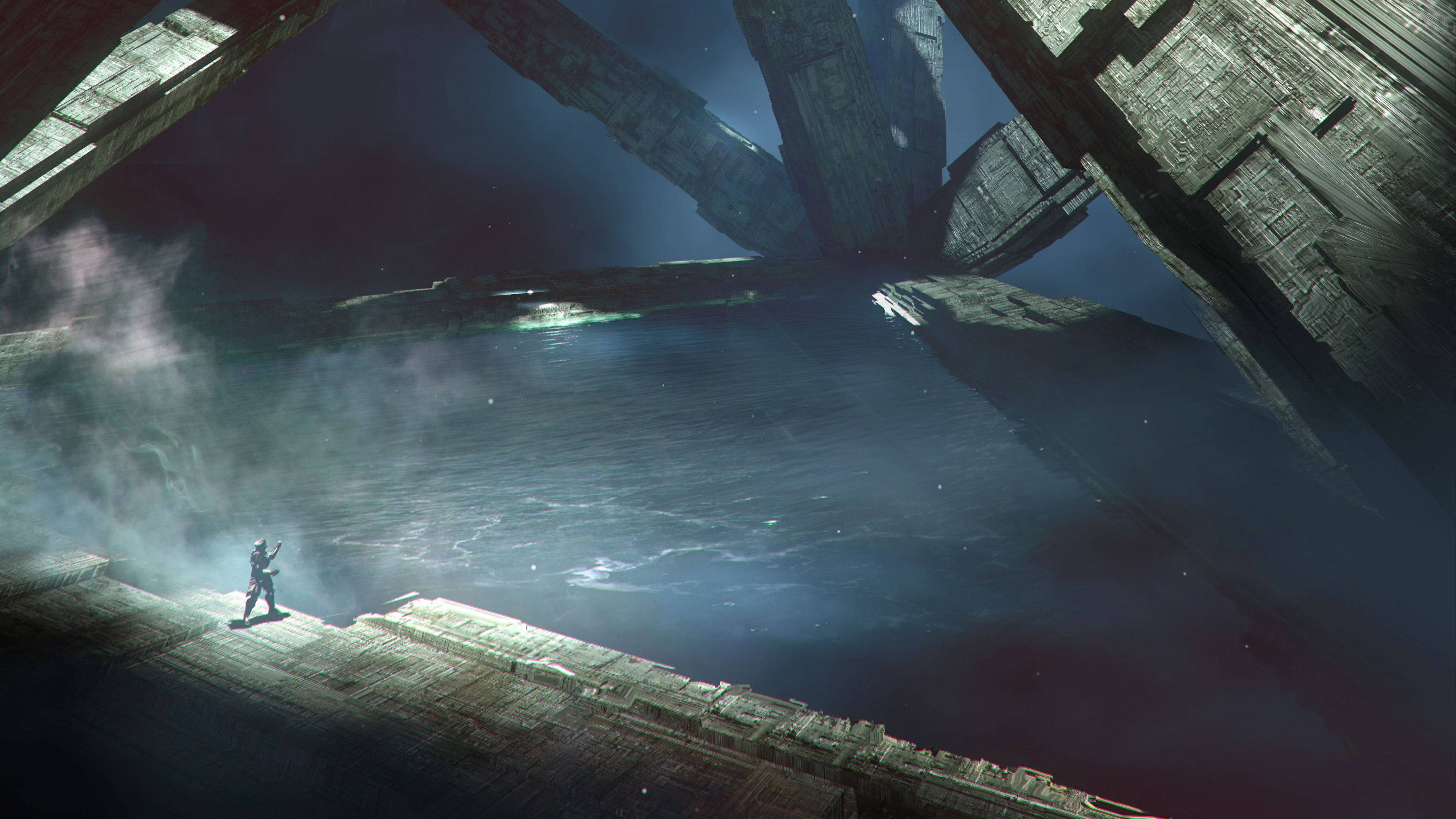 destiny 4K 桌布 壁紙 — 一個孤獨的身影站在破碎的平台上，下方是巨大的古老機械結構，身處迷霧籠罩、燈光昏暗的科幻廢墟中。