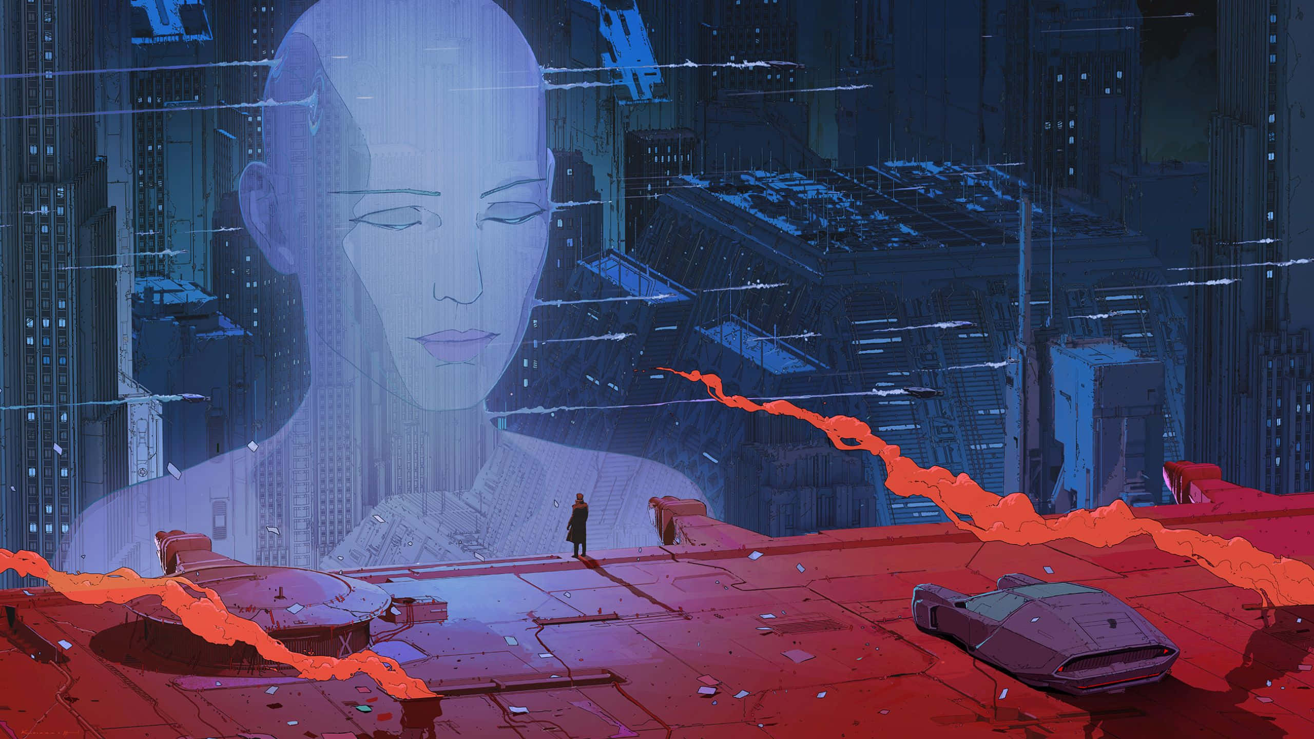 銀翼殺手2049 桌布 壁紙 — 一個孤獨的身影站在紅色屋頂上，下方是一個巨大的發光面孔，在雨濕的霓虹賽博朋克城市景觀中。