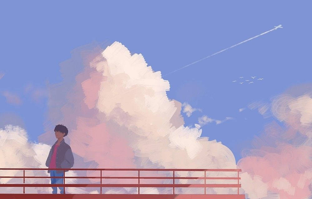 jhope 桌布 壁紙 — 一個孤獨的身影站在紅色橋上，下方是廣闊的天空，有柔和的粉紅色和藍色雲朵，以及遠處的飛機尾跡。