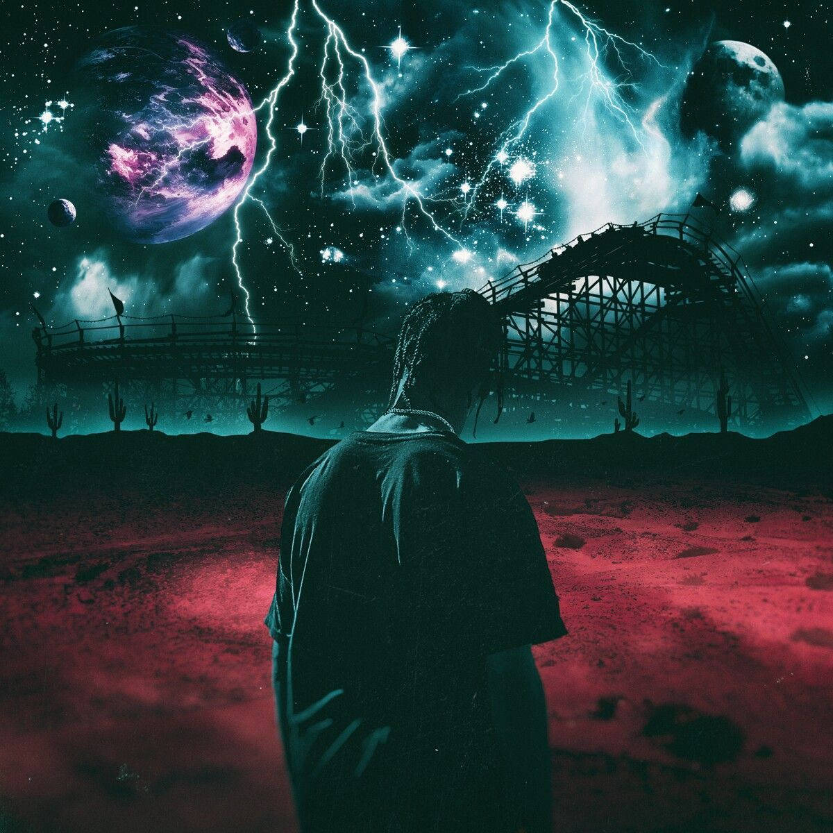 Astroworld 桌布 壁紙 — 一個孤獨的身影站在紅色沙漠上，在暴風雨般的宇宙天空下，閃電和外星行星籠罩在破爛的雲霄飛車上。