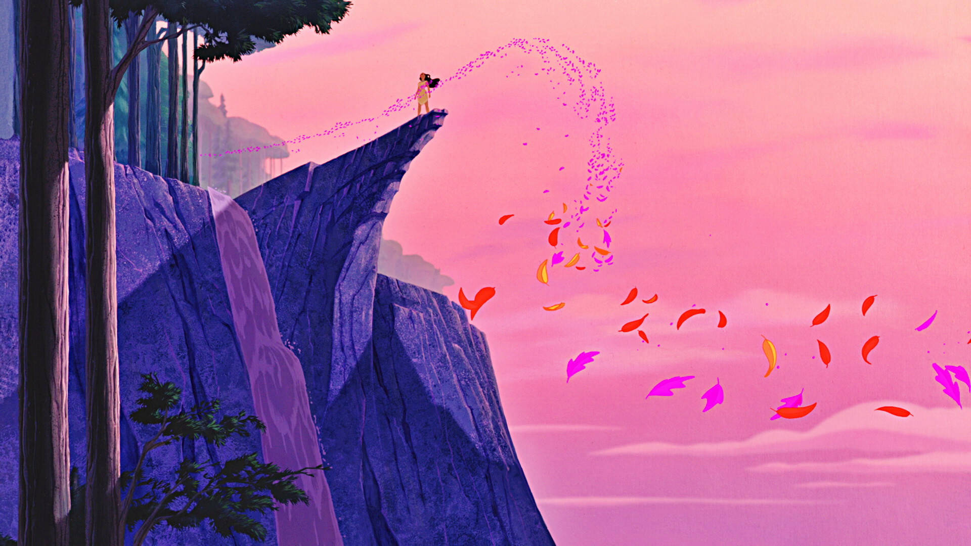 Pocahontas 桌布 壁紙 — 一個孤獨的身影站在紫色懸崖頂上，將粉紅色和橙色的葉子瀑布般釋放到夢幻般的粉紅色天空中。