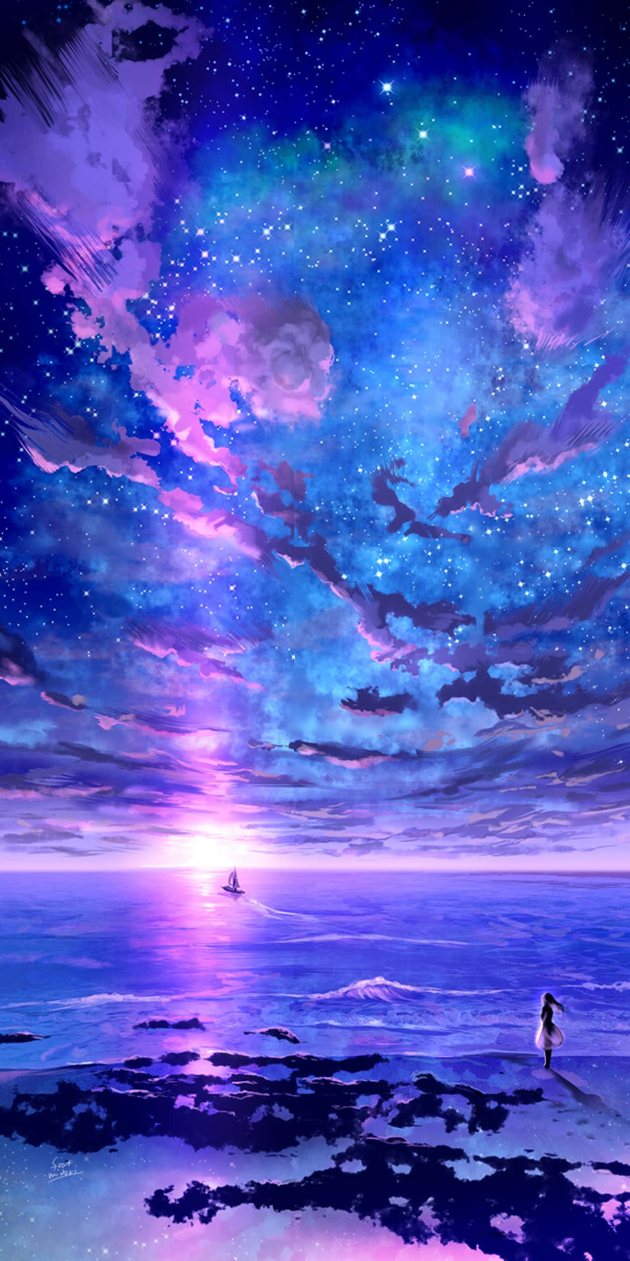 Colorful Sky 桌布 壁紙 — 一個孤獨的身影站在紫色的海岸上，下方是充滿星星和星雲的充滿活力的宇宙天空，一艘帆船在發光的地平線上滑行。