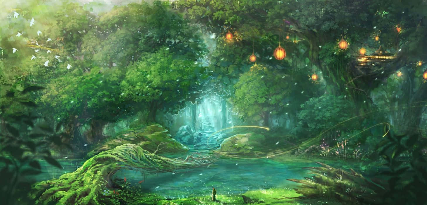 動漫 桌布 壁紙 — 一個孤獨的身影站在茂密的綠色森林中，古老的樹上掛著發光的燈籠，瀑布傾瀉入寧靜的池塘。