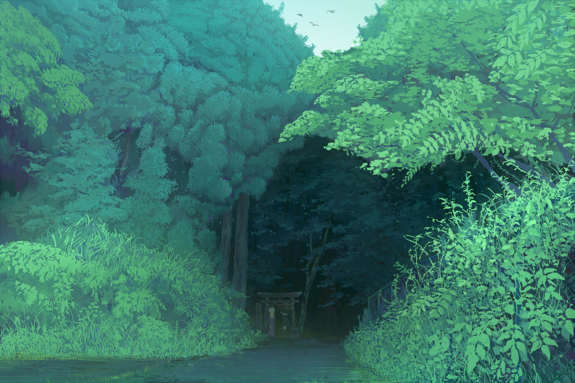 Aesthetic Nature 桌布 壁紙 — 一個孤獨的身影站在茂密綠色森林中的木製神社門前，鳥兒在頭頂飛翔。