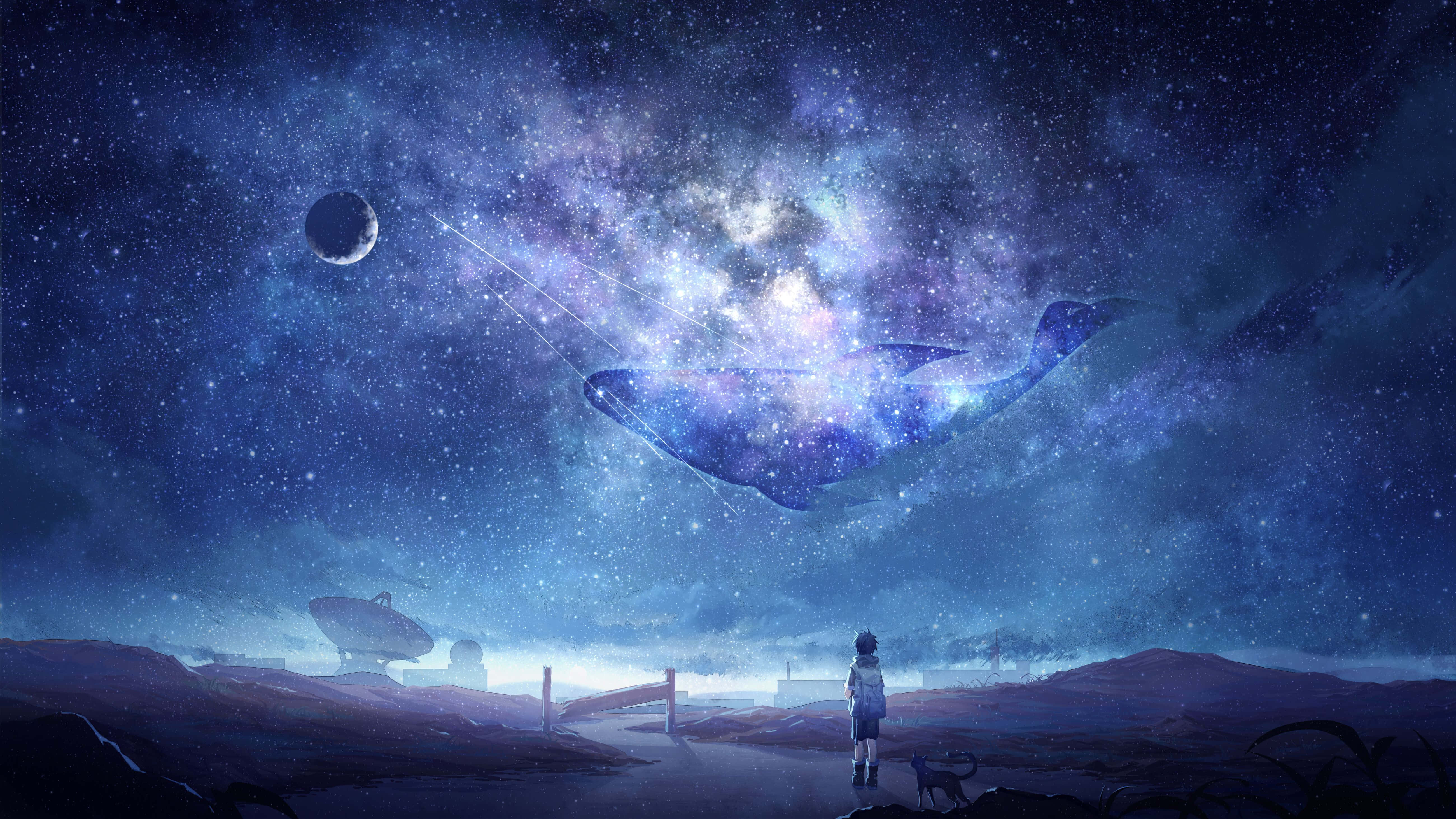4K Anime Space 桌布 壁紙 — 一個孤獨的身影站在荒涼的景觀中，仰望一隻在星雲中游弋的宇宙鯨魚，下方是一彎新月。