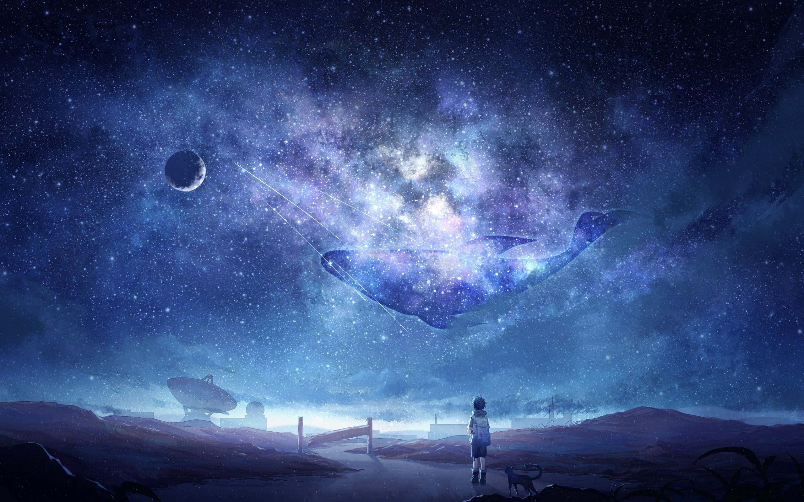 Manga Universe 桌布 壁紙 — 一個孤獨的身影站在荒涼的風景中，仰望一條在星空夜空中游弋的宇宙鯨魚，伴隨著一彎新月。