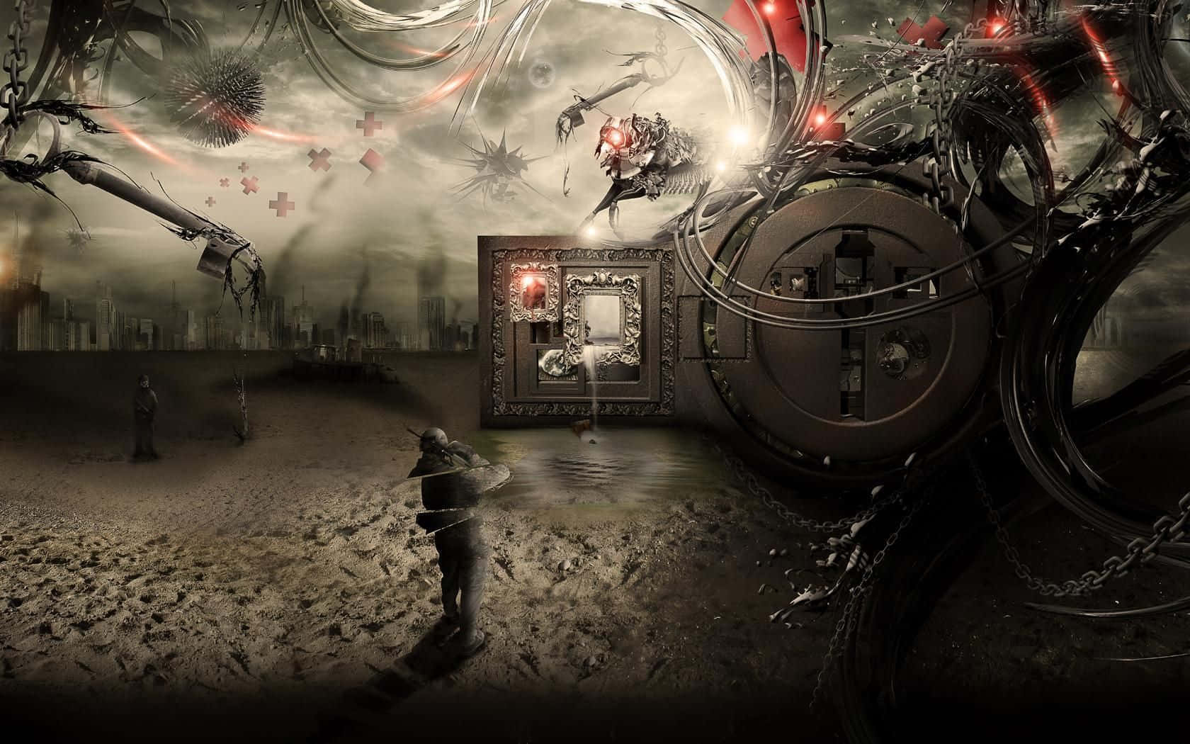 Dark Surrealism 桌布 壁紙 — 一個孤獨的身影站在荒蕪之地的破碎華麗門前，暴風雨的天空下，怪獸般的機械生物在頭頂若隱若現。