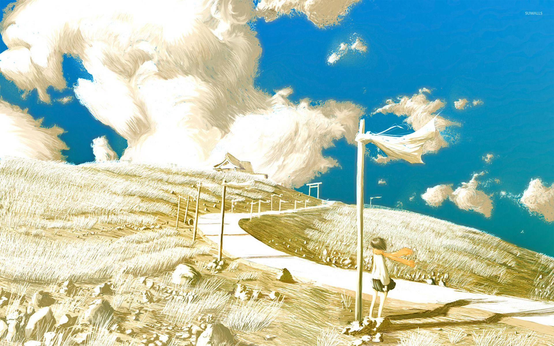 Wind 桌布 壁紙 — 一個孤獨的身影站在蜿蜒的小路上，頭頂是廣闊的藍天，白雲翻滾，金色的草丘綿延。