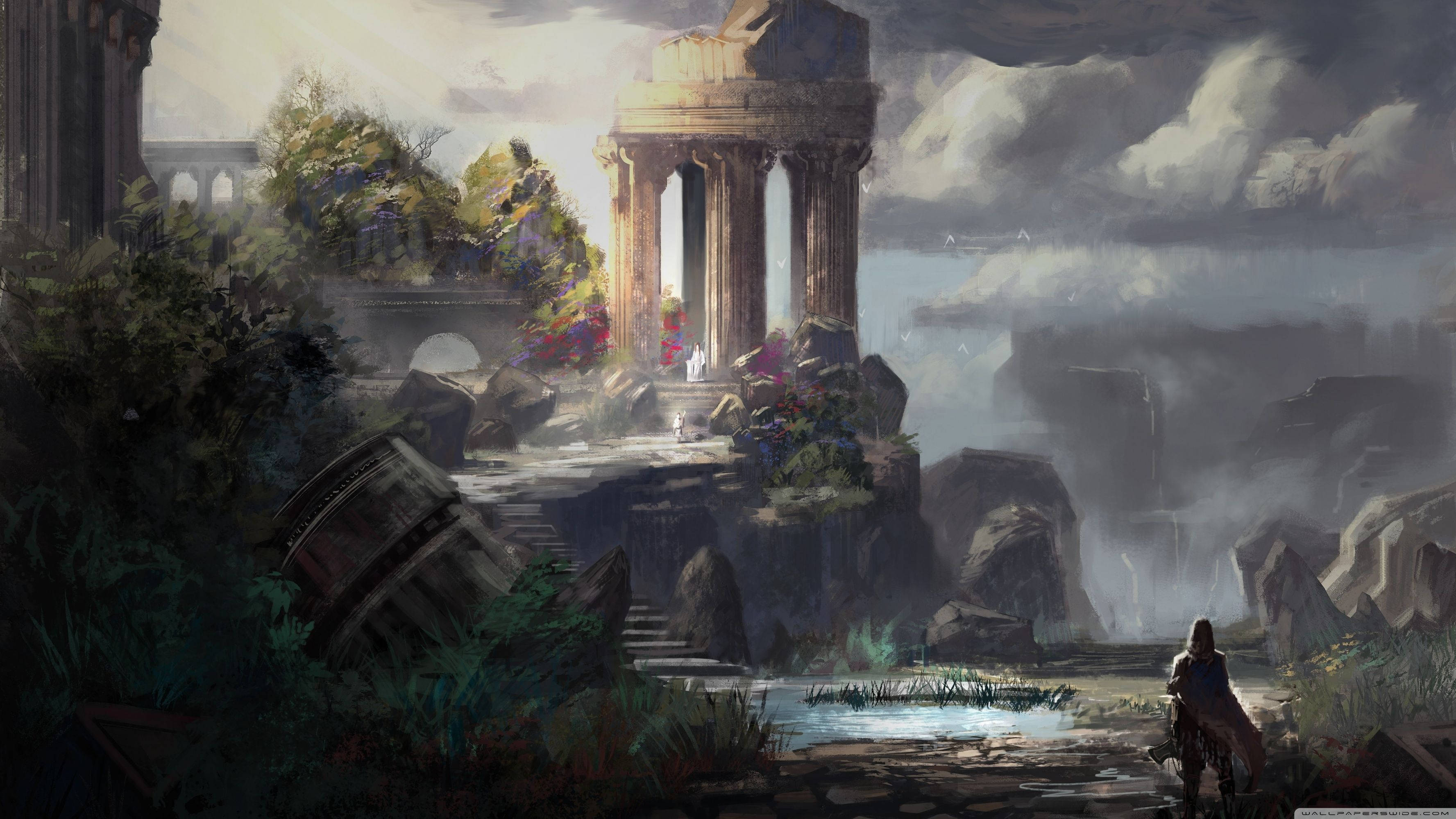 Traveler 桌布 壁紙 — 一個孤獨的身影站在被茂盛植物覆蓋的古老石頭廢墟前，背景是戲劇性的多雲天空。