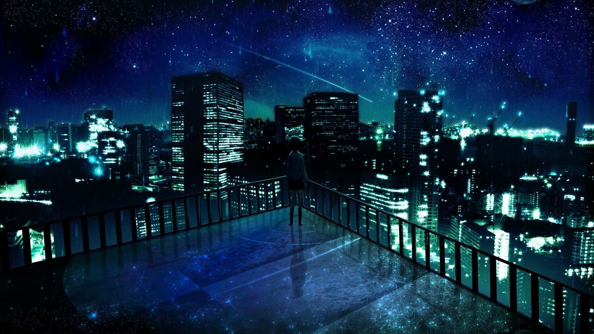 Aesthetic Anime City 桌布 壁紙 — 一個孤獨的身影站在被雨水浸濕的屋頂陽台上，俯瞰著星空下閃爍的城市景觀。