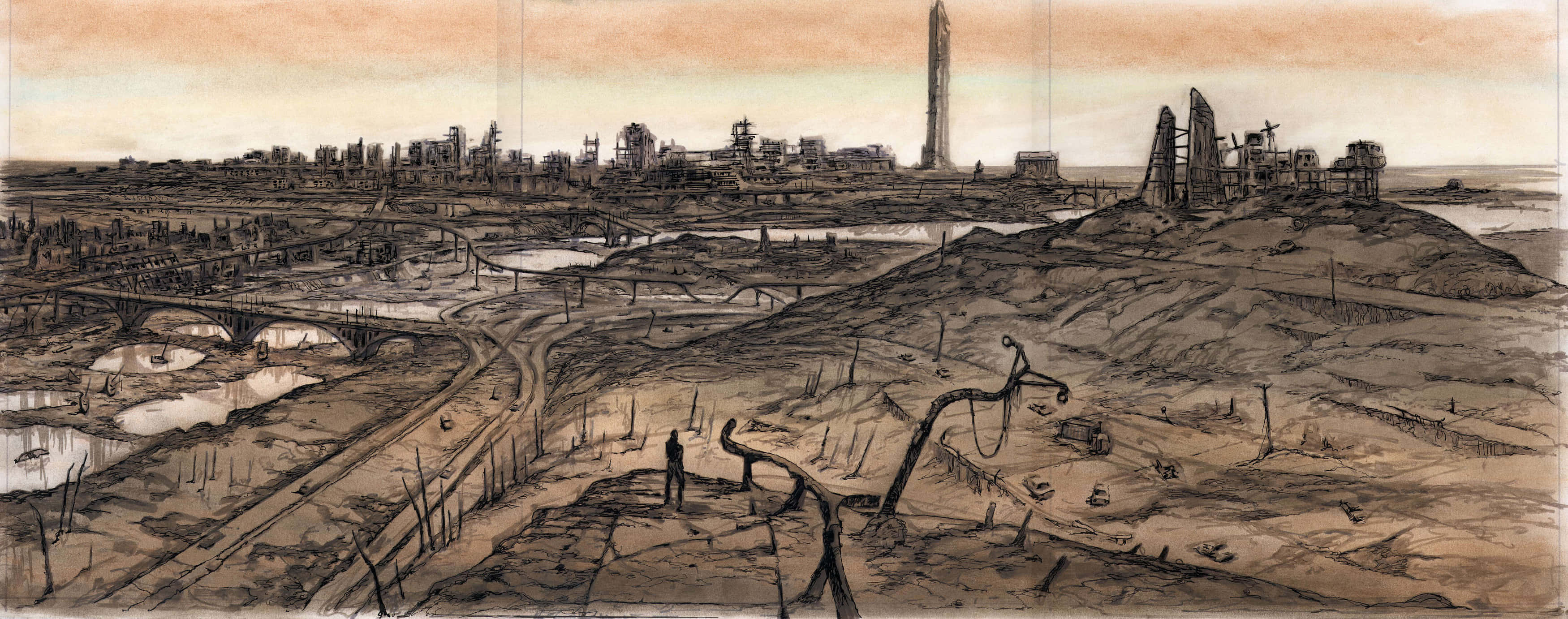 Fallout 4 The Capital Wasteland 桌布 壁紙 — 一個孤獨的身影站在貧瘠的土地上，面對著廢墟般的工業城市景觀，天空籠罩著朦朧的橙色。
