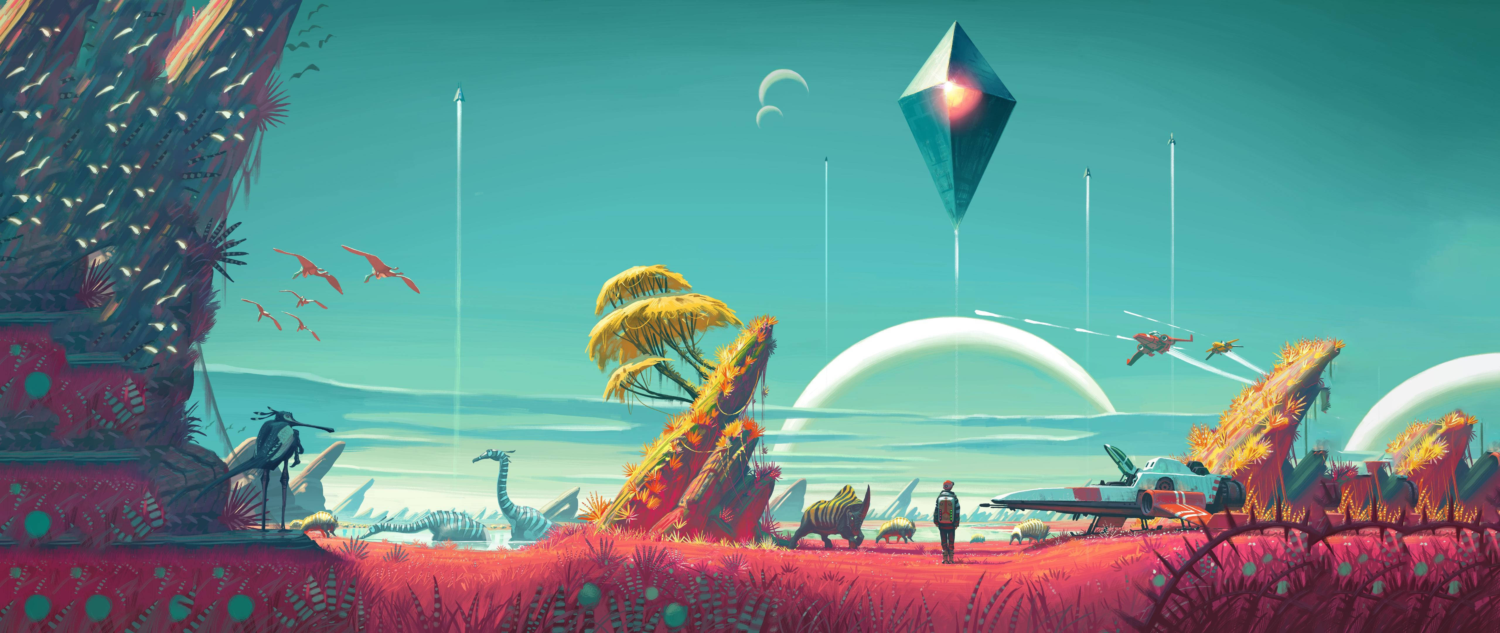 4K ultra widescreen 桌布 壁紙 — 一個孤獨的身影站在超現實的外星景觀中，有漂浮的幾何結構和飛行的生物，天空是青綠色。