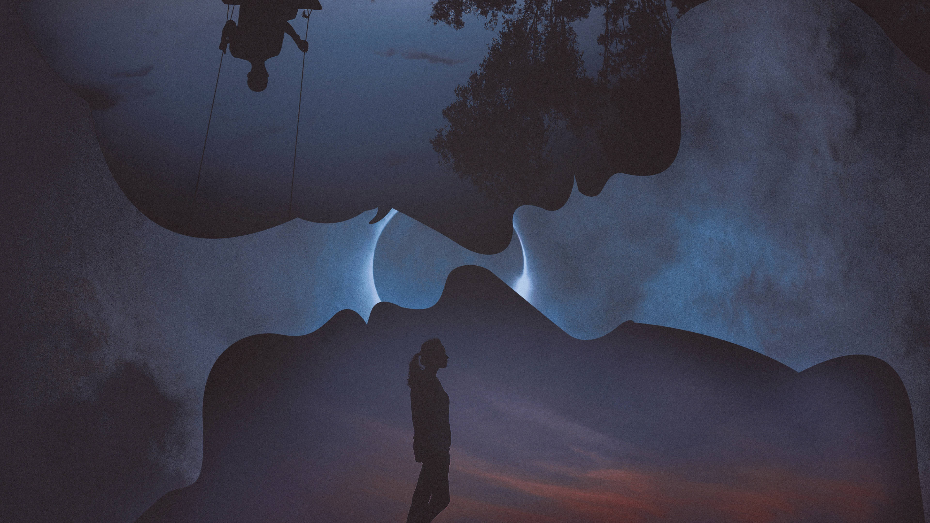 Silhouette 桌布 壁紙 — 一個孤獨的身影站在超現實的暮色天空下，巨大的發光嘴唇像夢幻般的洞穴一樣彎曲環繞著他們。