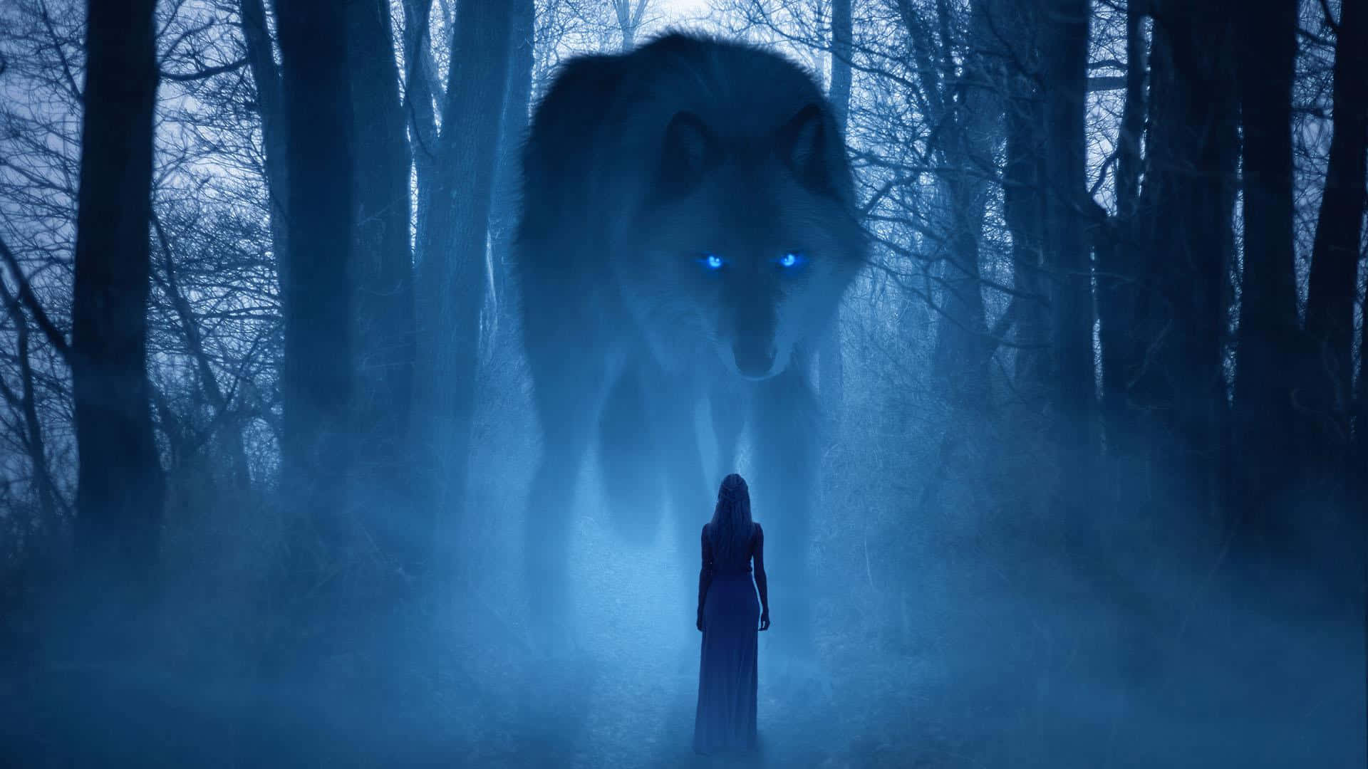 Wolf In Forest 桌布 壁紙 — 一個孤獨的身影站在迷霧森林中，面對一隻擁有發光眼睛的巨狼，背景是藍色調的暮色天空。