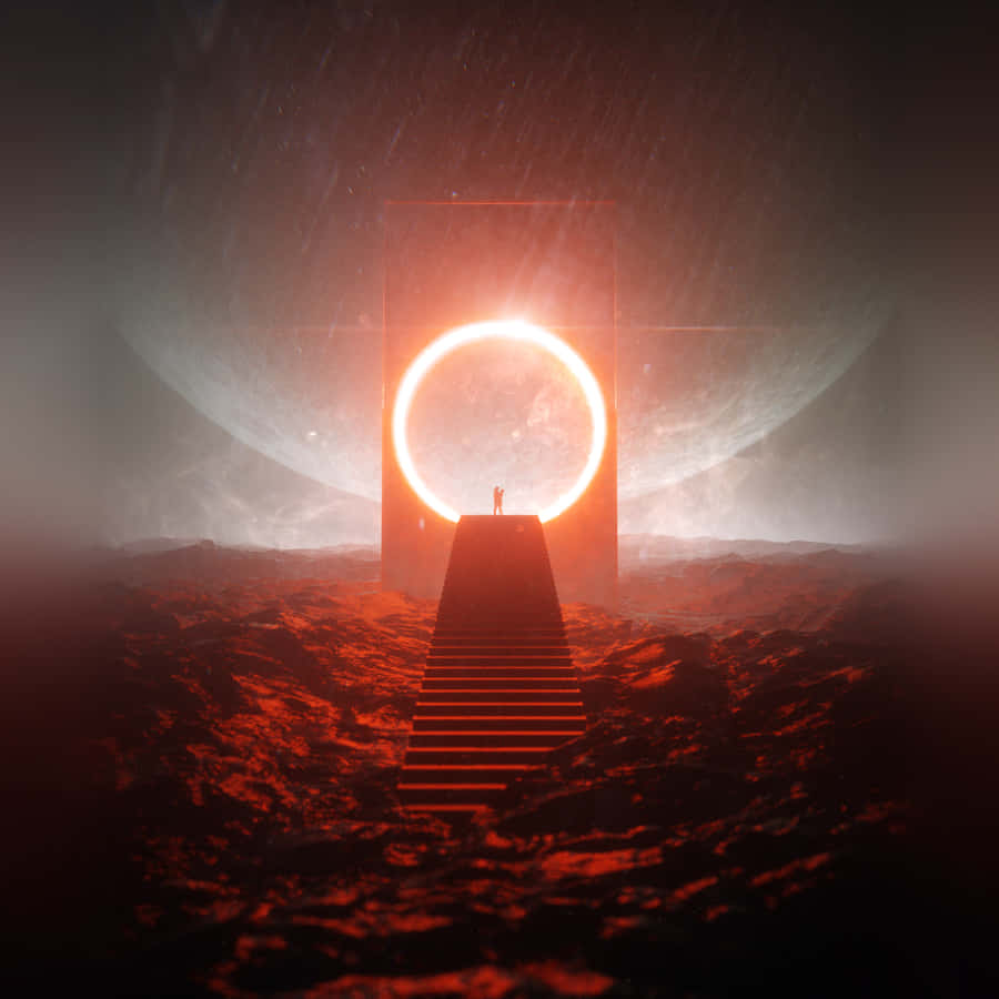 Fantasy Space 桌布 壁紙 — 一個孤獨的身影站在通往發光環形傳送門的樓梯上，背景是紅色外星景觀，上方懸掛著一顆巨大行星。