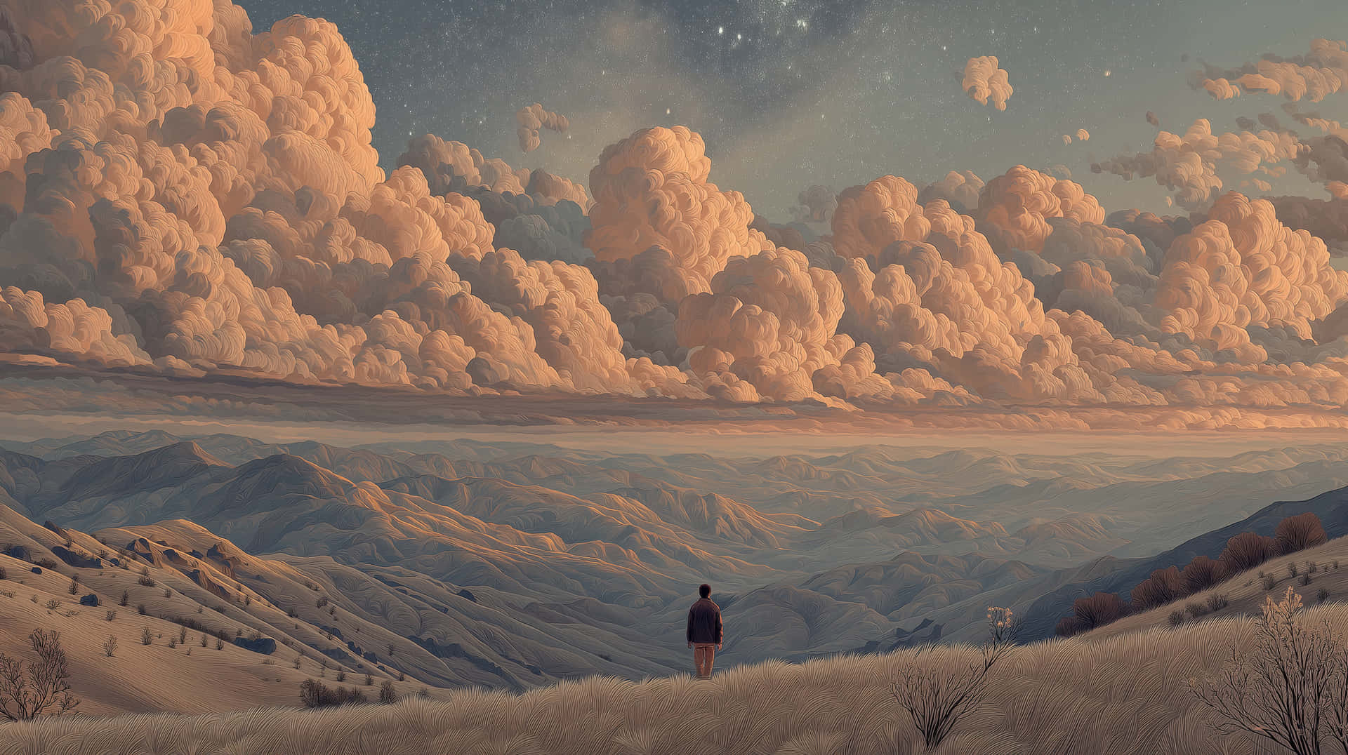 Mountain Vista at Dawn 壁紙 — 一個孤獨的身影站在金色山丘上，俯瞰著無盡連綿的山脈，廣闊的天空中充滿了發光的橙色雲彩和閃爍的星星。