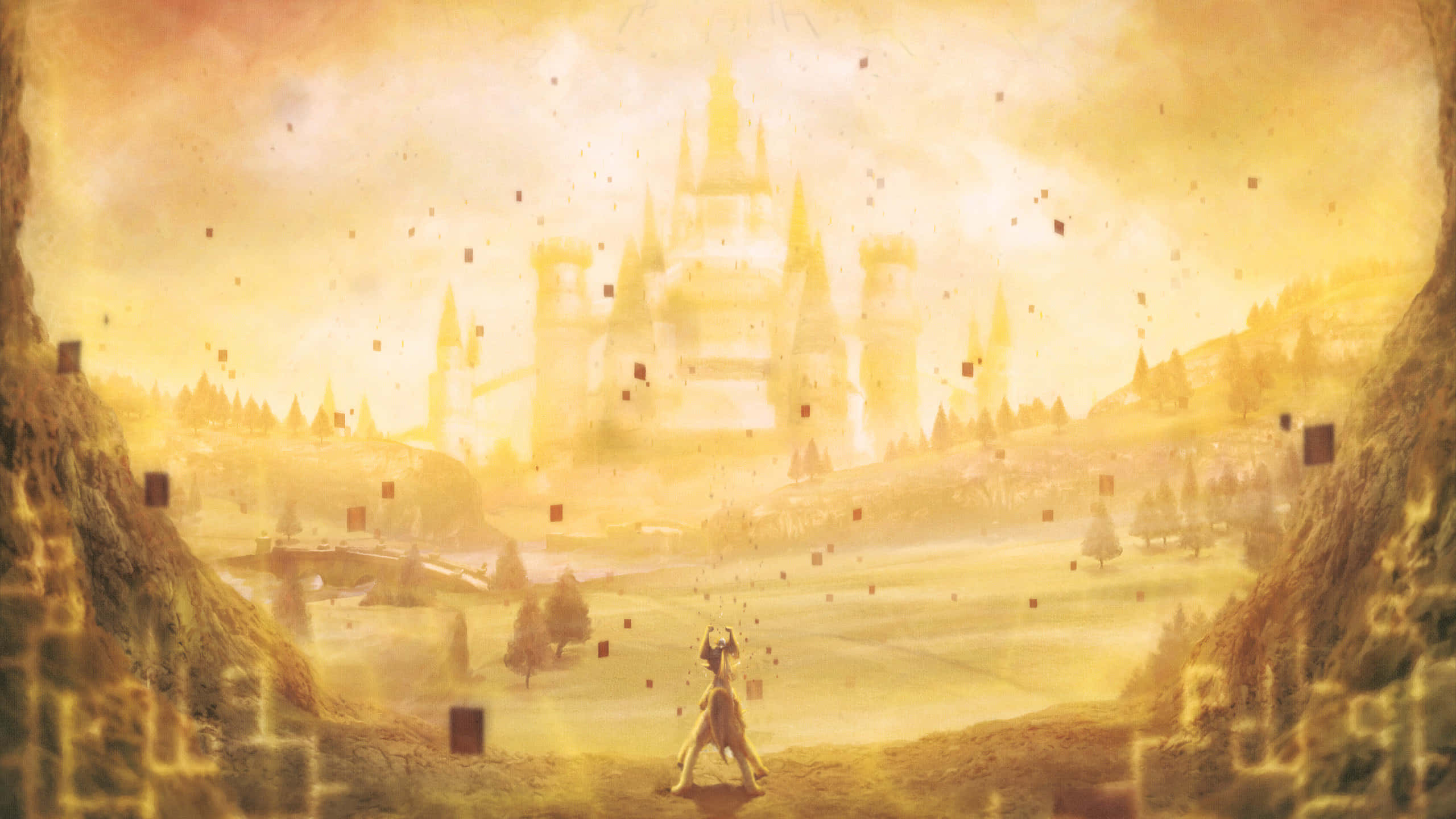 The Legend Of Zelda Hyrule 桌布 壁紙 — 一個孤獨的身影站在金色山谷中，凝視著遠方被溫暖薄霧籠罩的城堡，周圍漂浮著方形粒子。