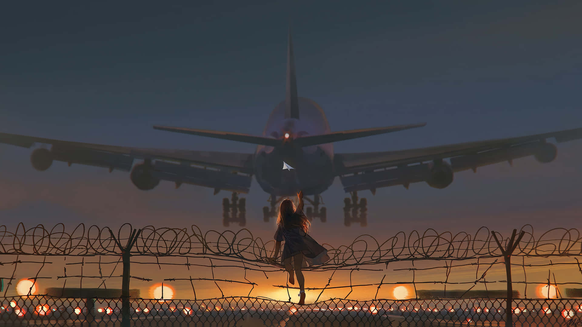 日落時分，人隔著圍欄看飛機降落 — 旅行 GIF 壁紙