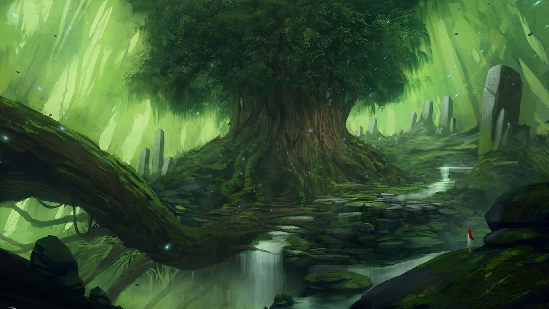 woods 桌布 壁紙 — 一個孤獨的身影站在長滿苔蘚的小溪旁，在一棵巨大的古樹樹冠下，身處發光的綠色森林中。