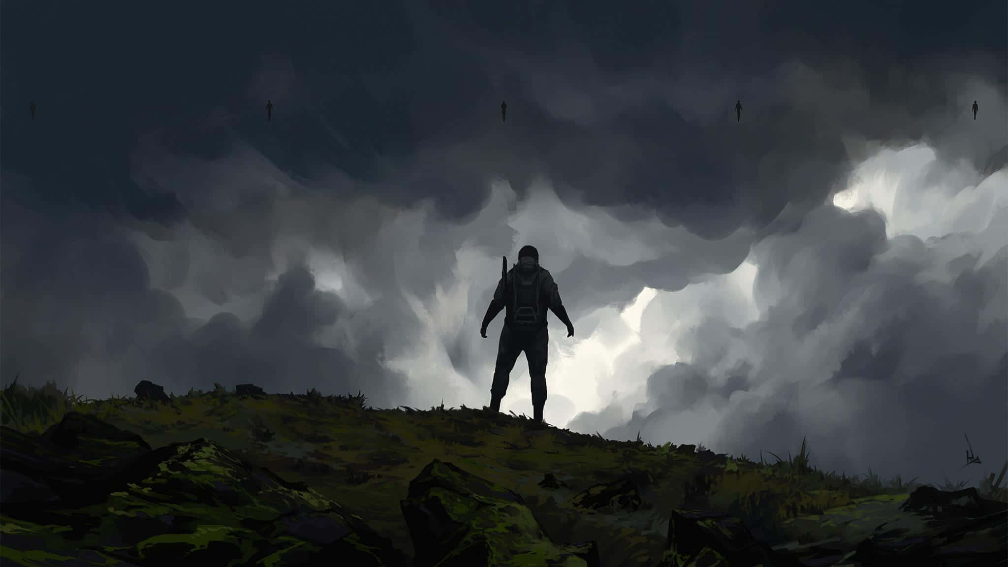 Death Stranding Pc 桌布 壁紙 — 一個孤獨的身影站在長滿苔蘚的山丘上，頭頂是戲劇性的暴風雨天空，帶有險惡的烏雲和遠處漂浮的剪影。