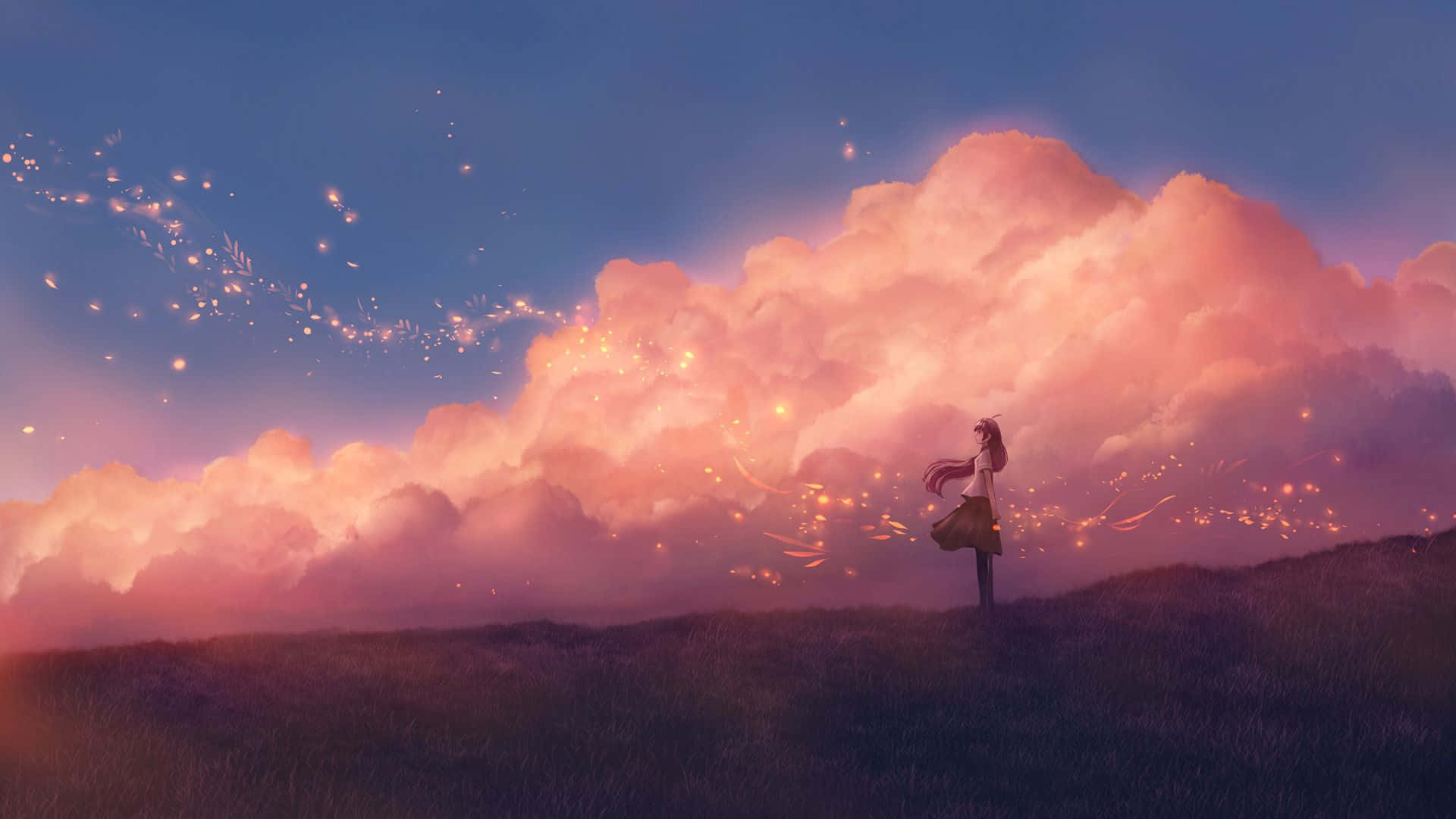 Pink Anime 桌布 壁紙 — 一個孤獨的身影站在長滿草的山丘上，頭頂是廣闊的天空，佈滿了發光的粉紅色雲朵和閃爍的粒子。