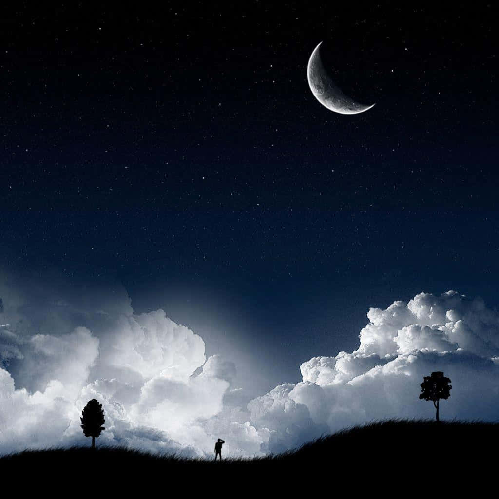 Moonlight 桌布 壁紙 — 一個孤獨的身影站在長滿草的山丘上，夜空繁星點點，掛著一彎新月和發光的雲彩。