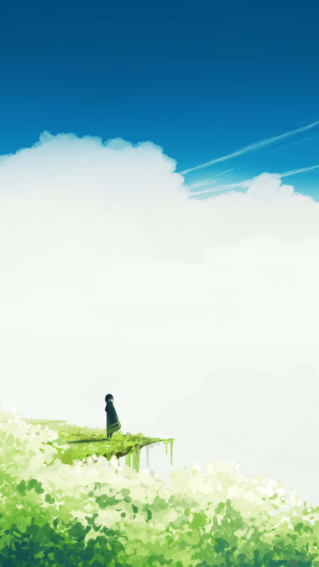 Studio Ghibli Phone 桌布 壁紙 — 一個孤獨的身影站在長滿草的懸崖頂上，俯瞰著廣闊的天空，天空中有蓬鬆的雲朵和噴射機的尾跡。