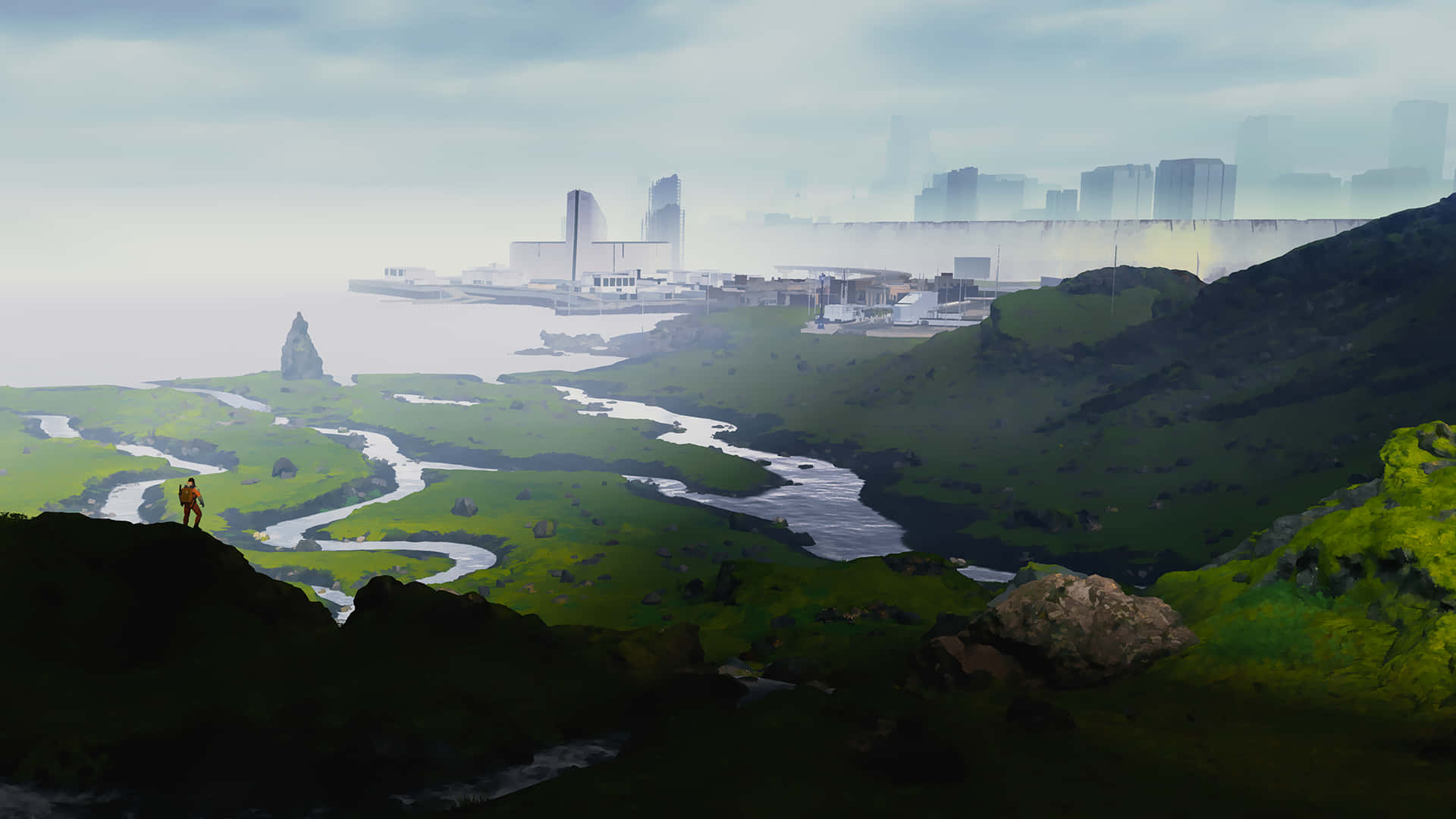 HD Death Stranding 桌布 壁紙 — 一個孤獨的身影站在長滿青苔的懸崖上，俯瞰著蜿蜒的河谷，遠處有一座被薄霧籠罩的未來城市。