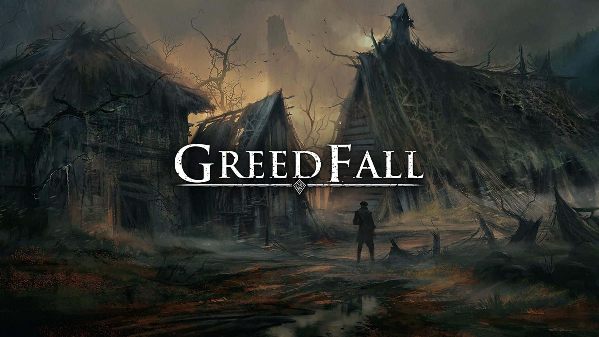 1920x1080 Greedfall 桌布 壁紙 — 一個孤獨的身影站在陰沉、霧氣瀰漫的村莊中，在黑暗的天空下，面對著搖搖欲墜的小屋，散發著橙色的光芒。