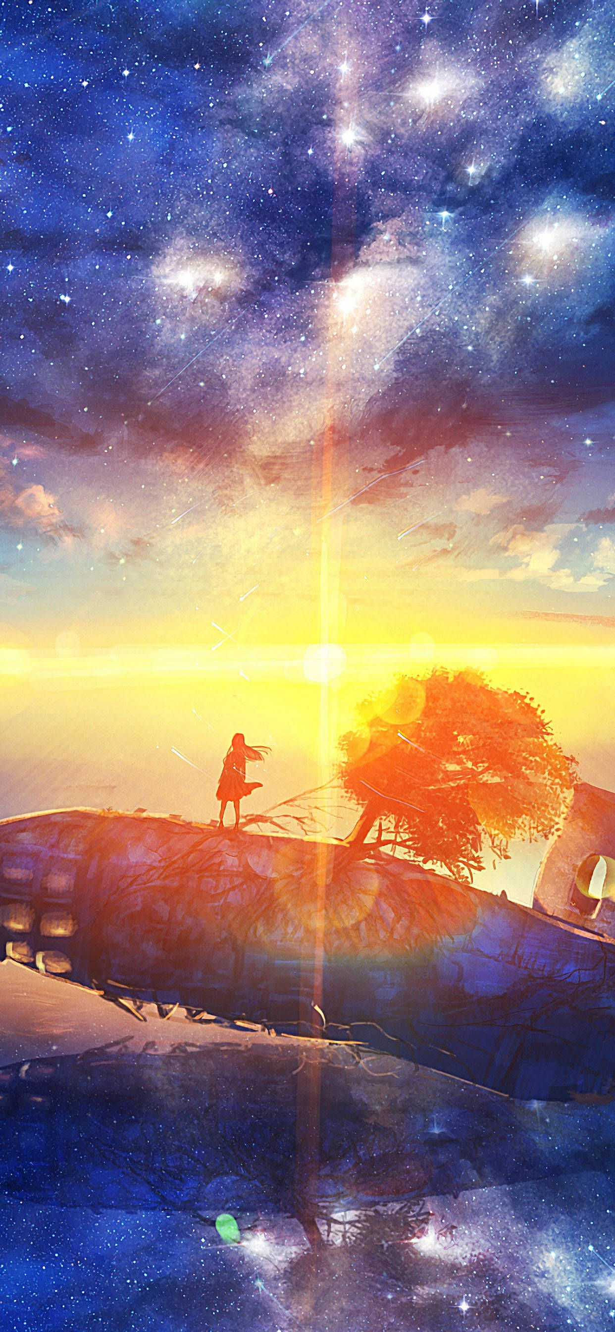 Anime Scenery 4K 桌布 壁紙 — 一個孤獨的身影站在陽光普照、樹木覆蓋的飛機機身上，下方是充滿星星和星雲的 vibrant 宇宙天空。