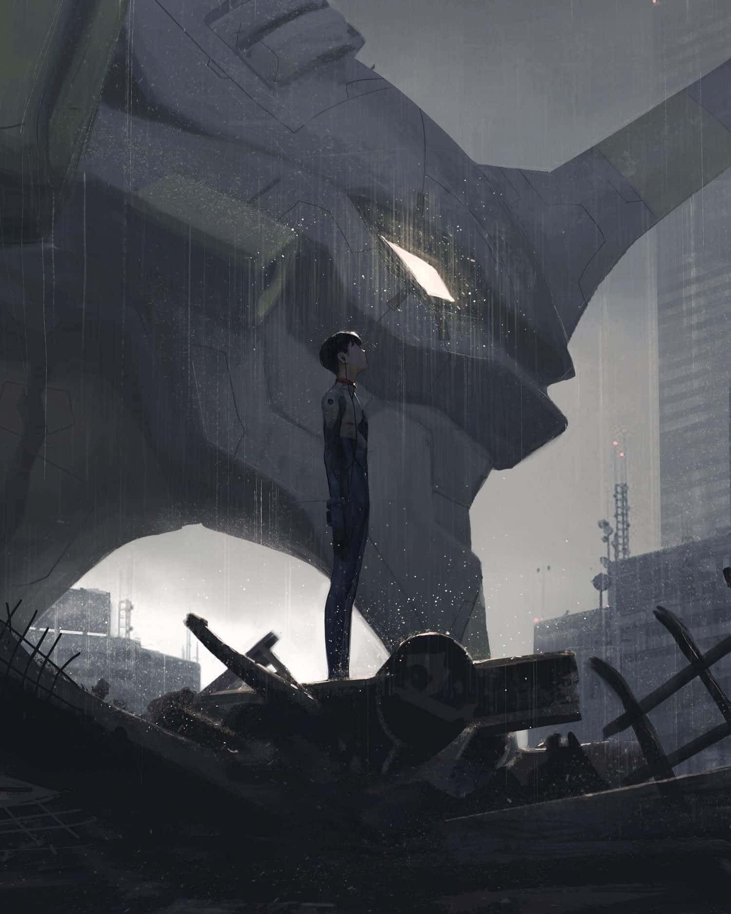 evangelion 4K 桌布 壁紙 — 一個孤獨的身影站在雨中，在一個破敗的未來城市景觀中，一個巨大的破損機器人頭部下方。