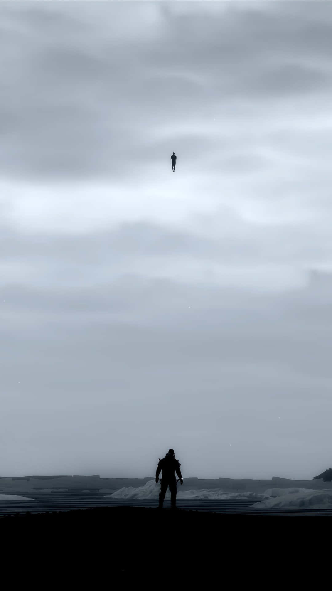 HD Death Stranding 桌布 壁紙 — 一個孤獨的身影站在雪原上，仰望另一個漂浮在廣闊陰天中的身影。