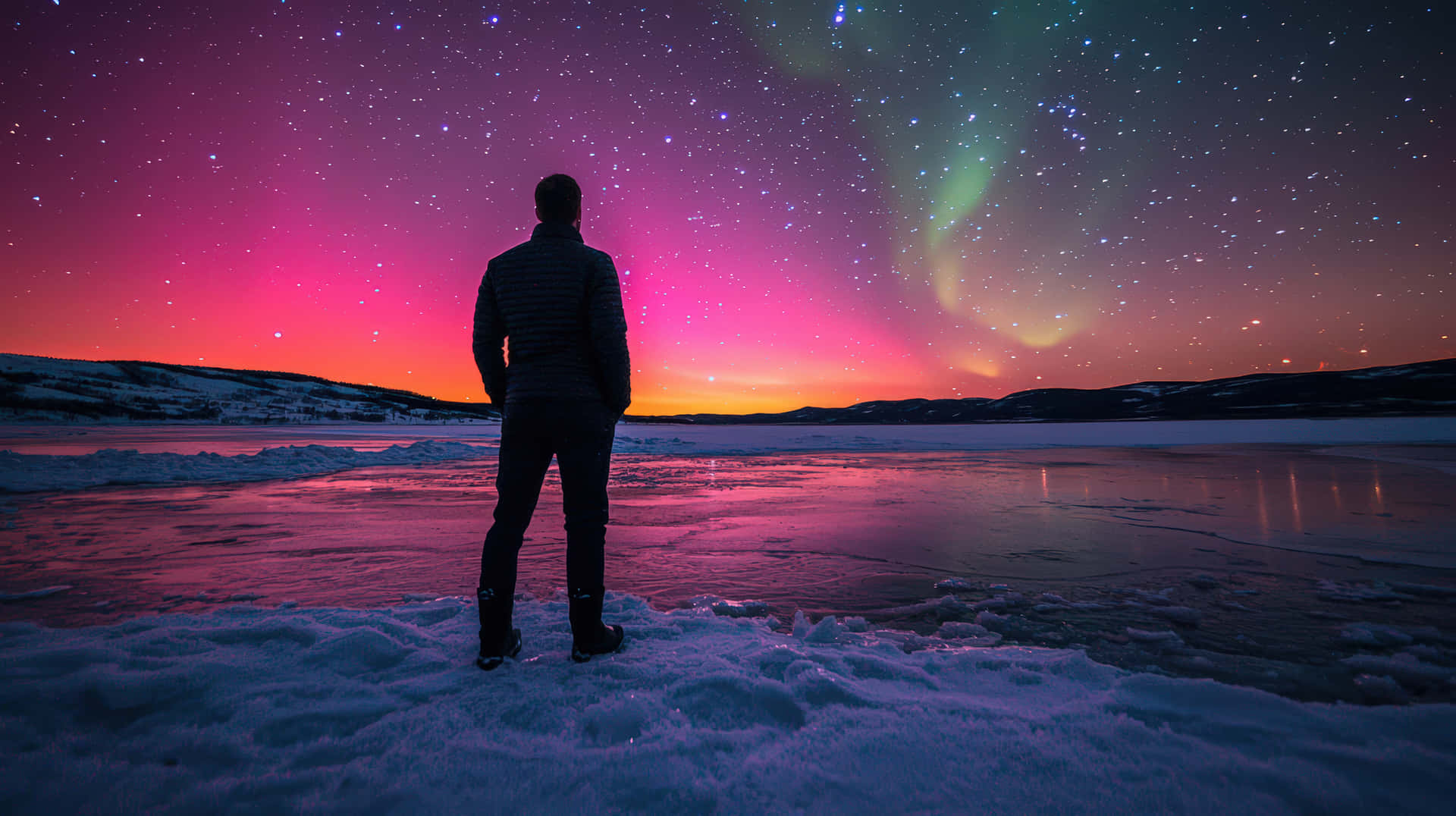 A lone man stands on snowy ground, gazing at the vibrant northern lights over a frozen lake 壁紙 — 一個孤獨的身影站在雪地上，凝視著在冰凍湖泊上空星暮天空中舞動的鮮豔北極光。