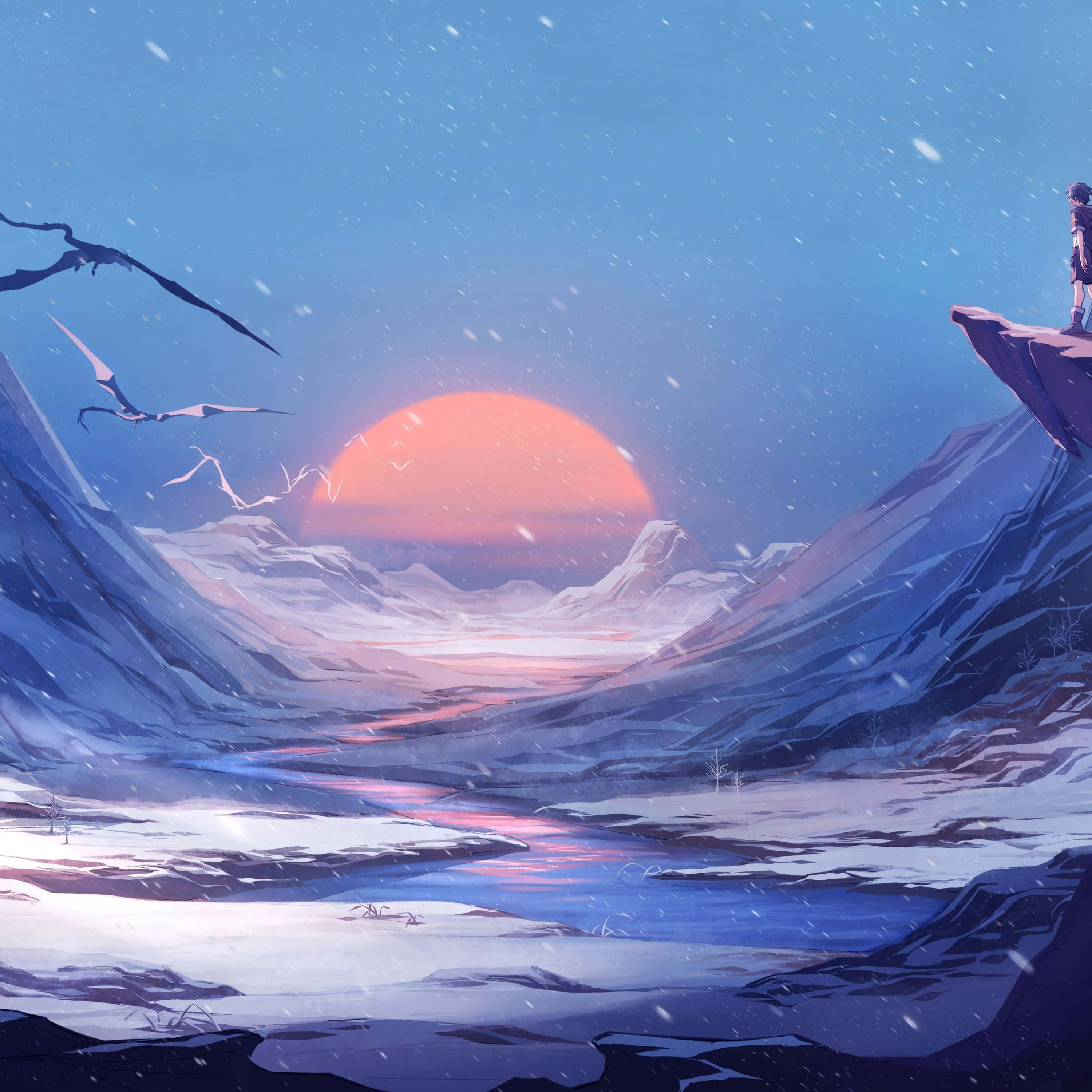 2560x1440 動態圖片 桌布 壁紙 — 一個孤獨的身影站在雪崖上，俯瞰廣闊的山谷，巨大的橙色太陽在積雪的山峰後落下，天空中飛翔的生物形成剪影。