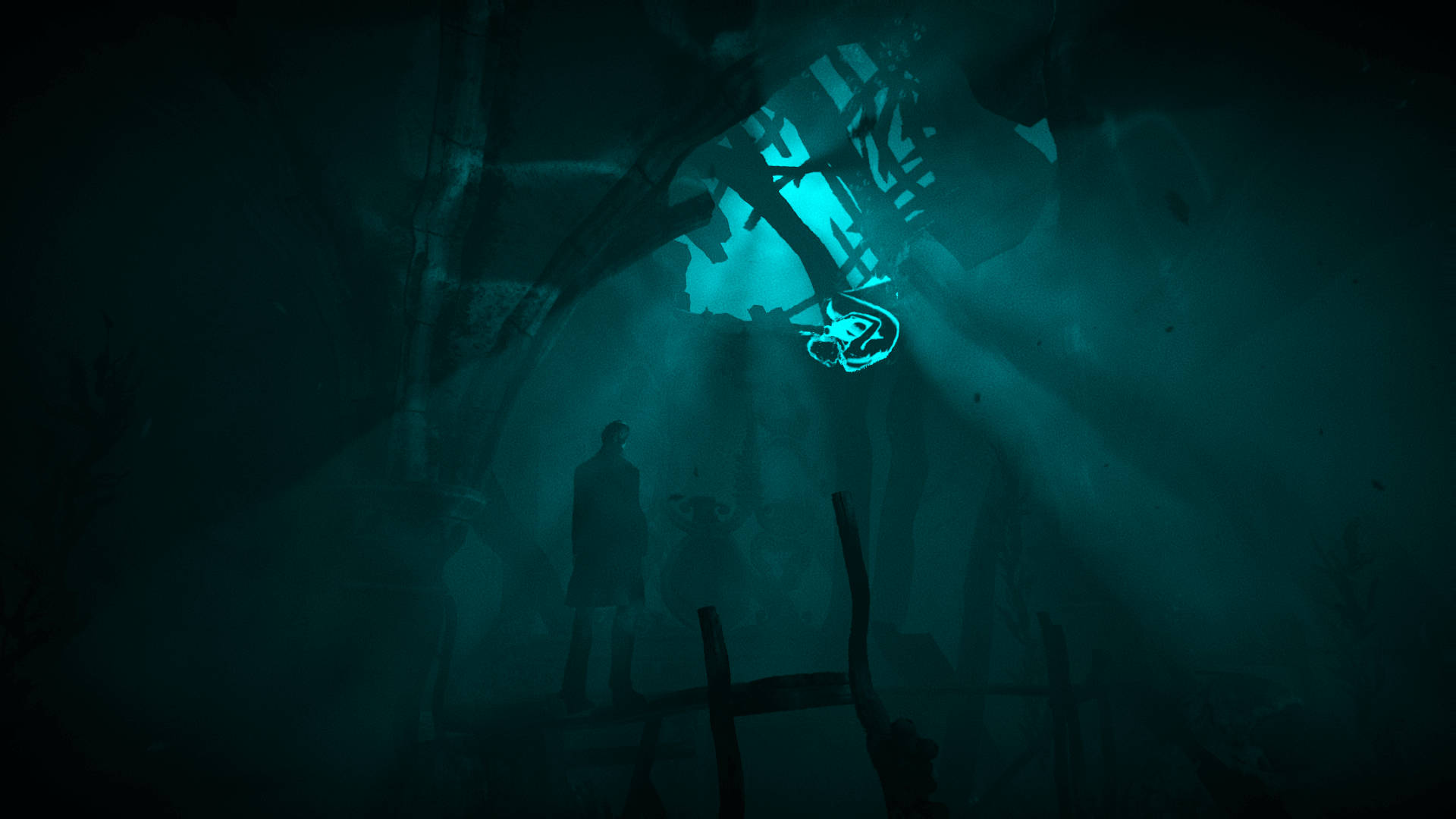 game 桌布 壁紙 — 一個孤獨的身影站在霧氣瀰漫、泛著青綠色光芒的廢墟中，仰望上方發光的骨骼結構。