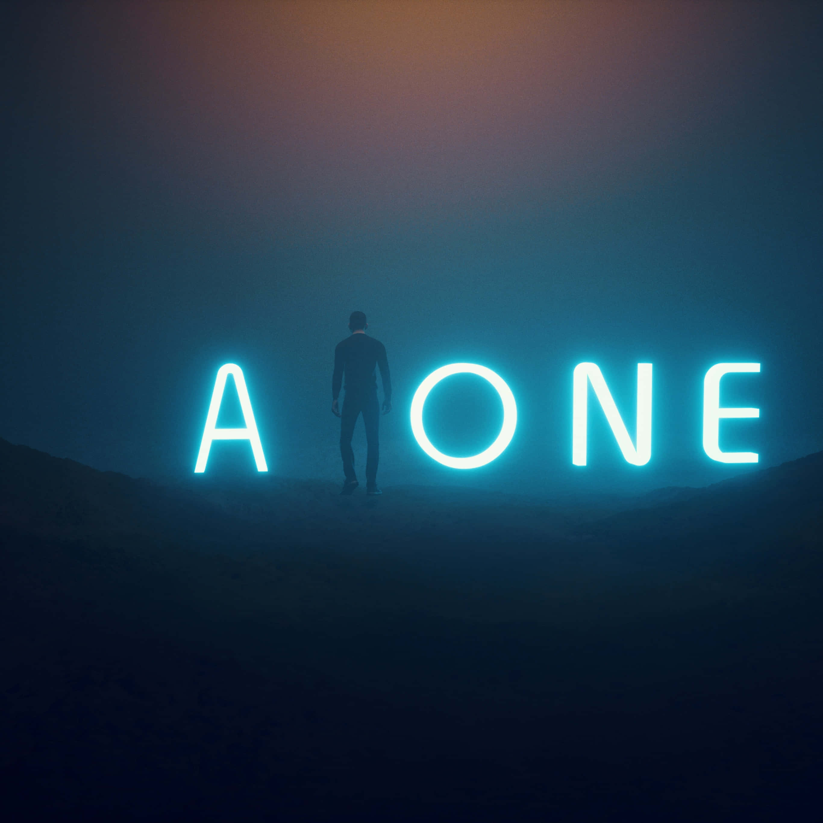 Alone 桌布 壁紙 — 一個孤獨的身影站在霧氣瀰漫的暮色風景中，發光的霓虹燈字母拼出「ONE」。