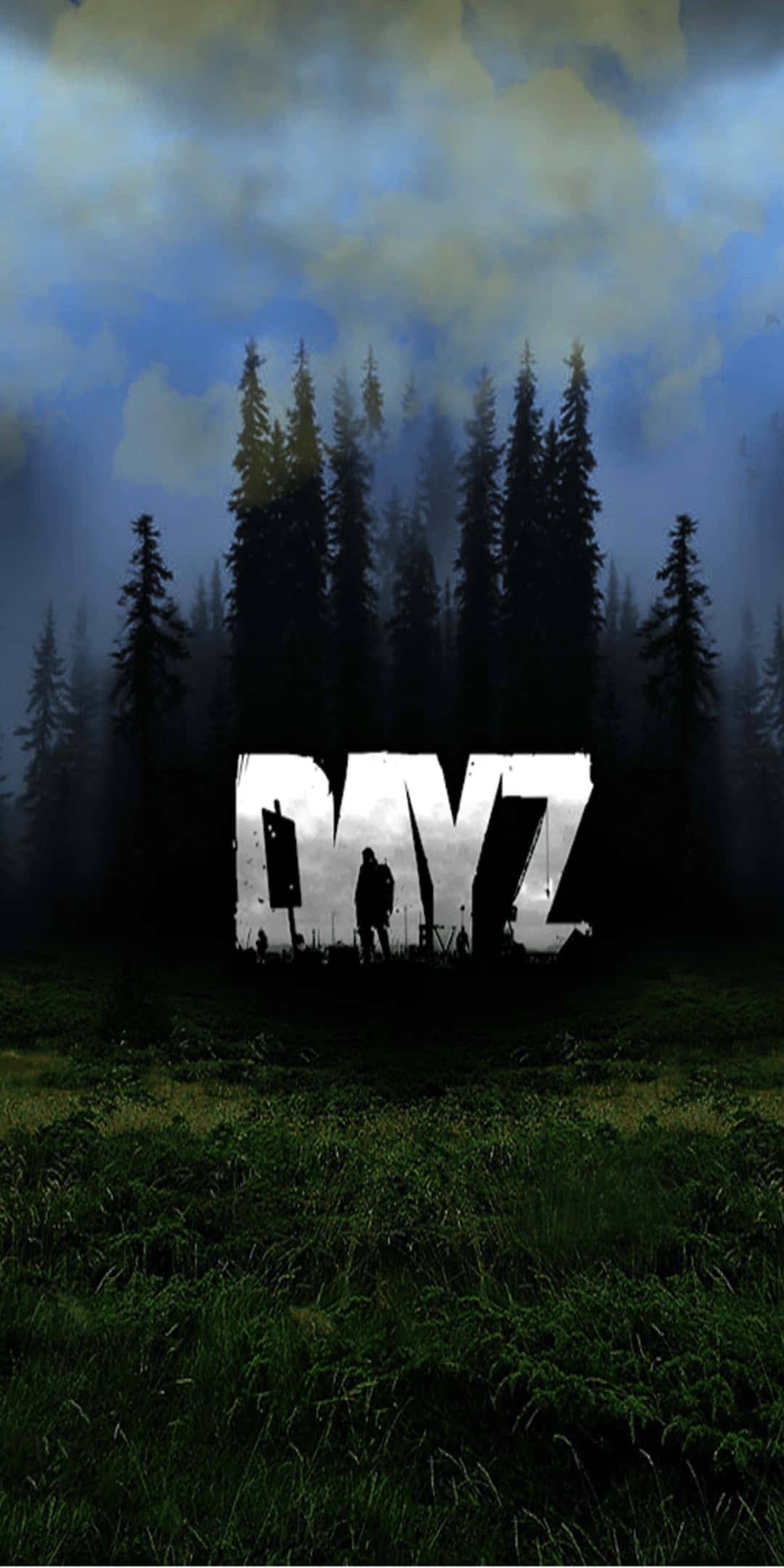 Pixel 3 Dayz 桌布 壁紙 — 一個孤獨的身影站在霧氣瀰漫的森林中，在陰雲密布的天空下，面對著發光的「DAYZ」標誌。