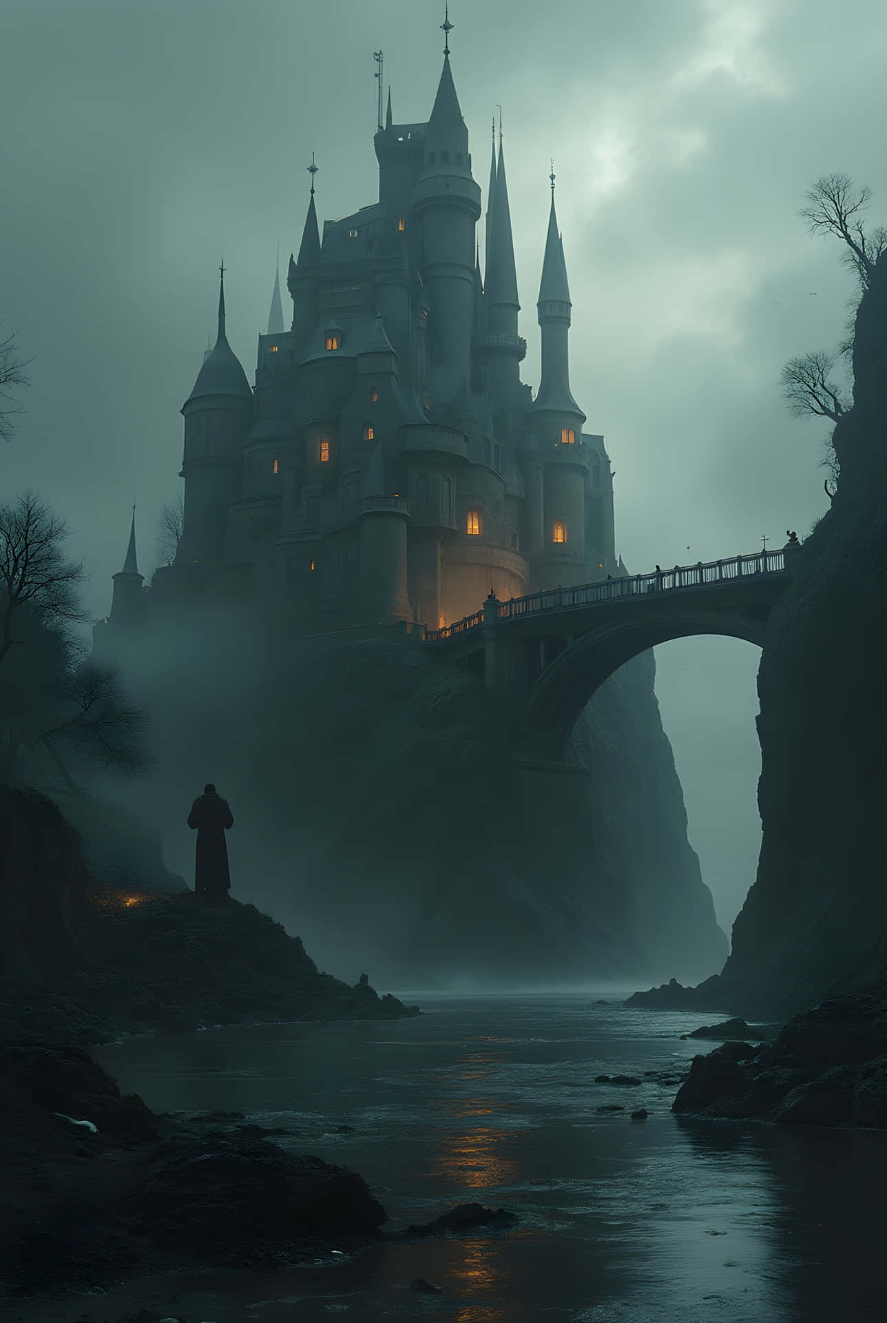 Misty Gothic Fortress 壁紙 — 一個孤獨的身影站在霧氣瀰漫的河岸上，凝視著一座由石橋連接、窗戶發光的宏偉哥德式城堡。