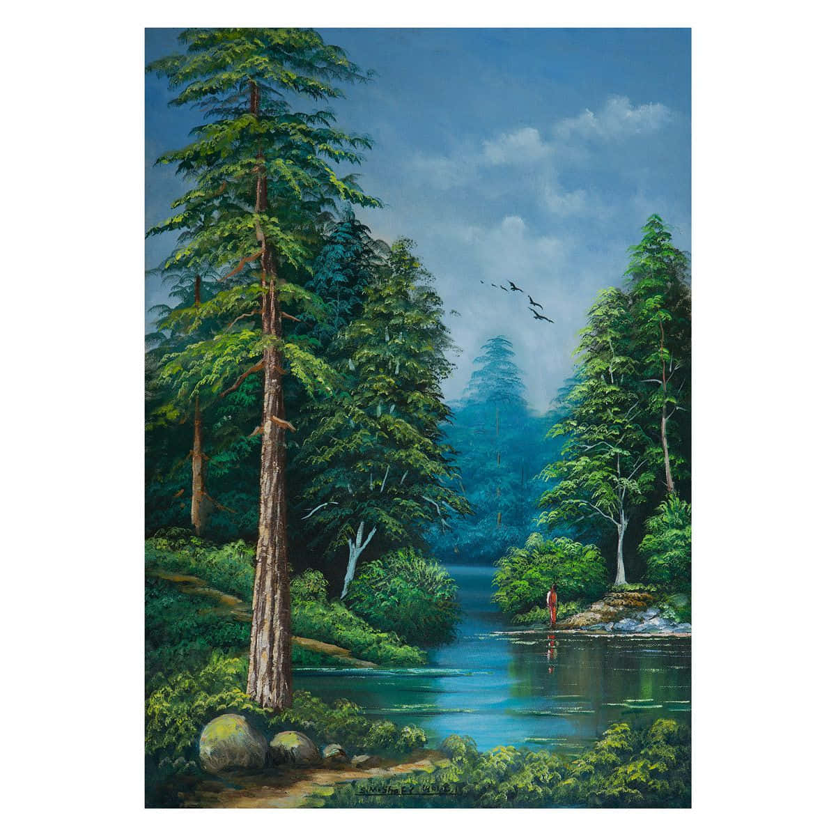 Beautiful Art 桌布 壁紙 — 一個孤獨的身影站在霧氣瀰漫的河邊，周圍是高聳的常青樹，天空多雲，鳥兒在頭頂飛翔。