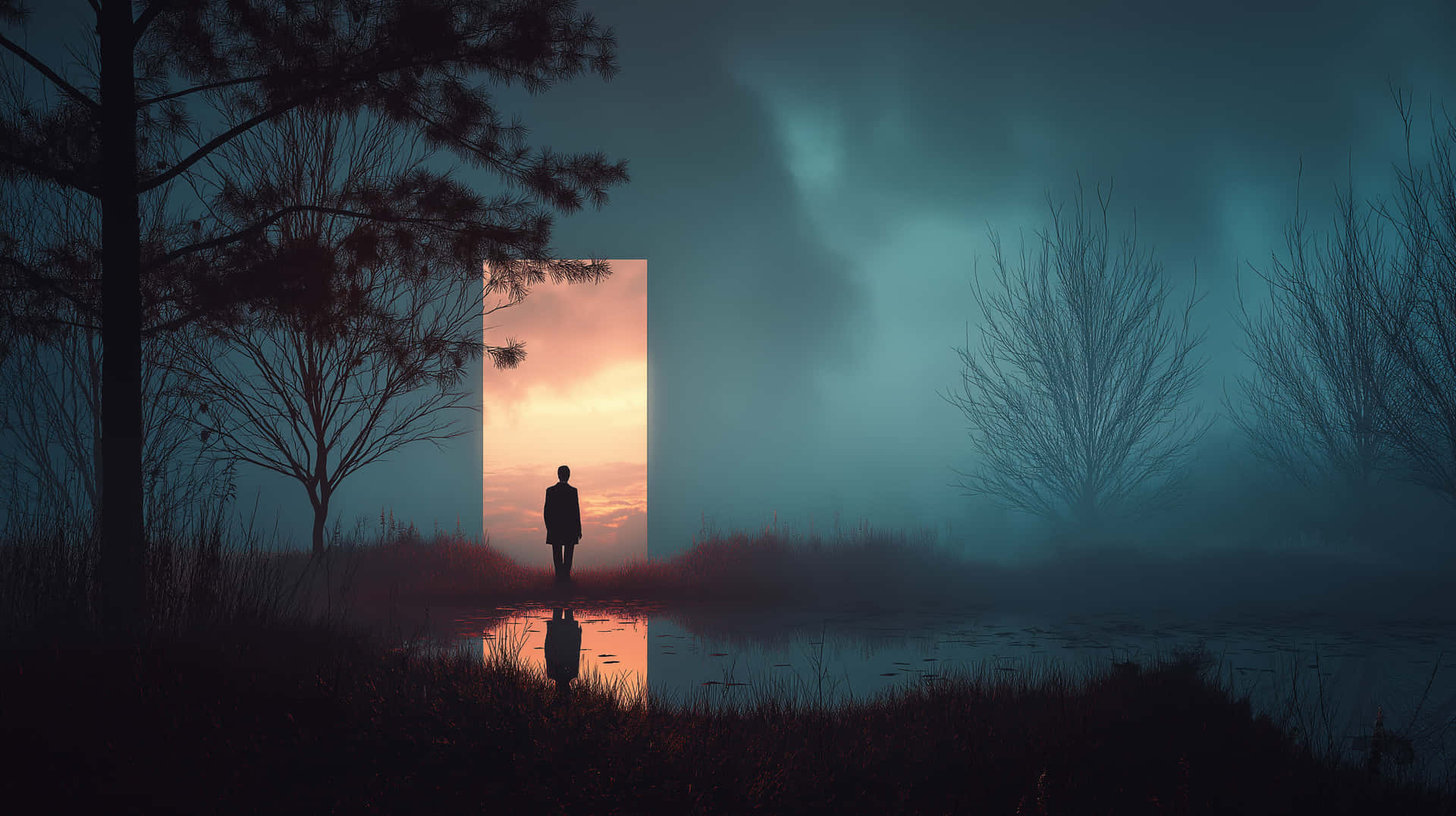 Mysterious Portal in Foggy Forest Reflected on Still Water 壁紙 — 一個孤獨的身影站在霧氣瀰漫的沼澤邊緣，面前是一個發光的垂直傳送門，顯露出溫暖的日落天空。