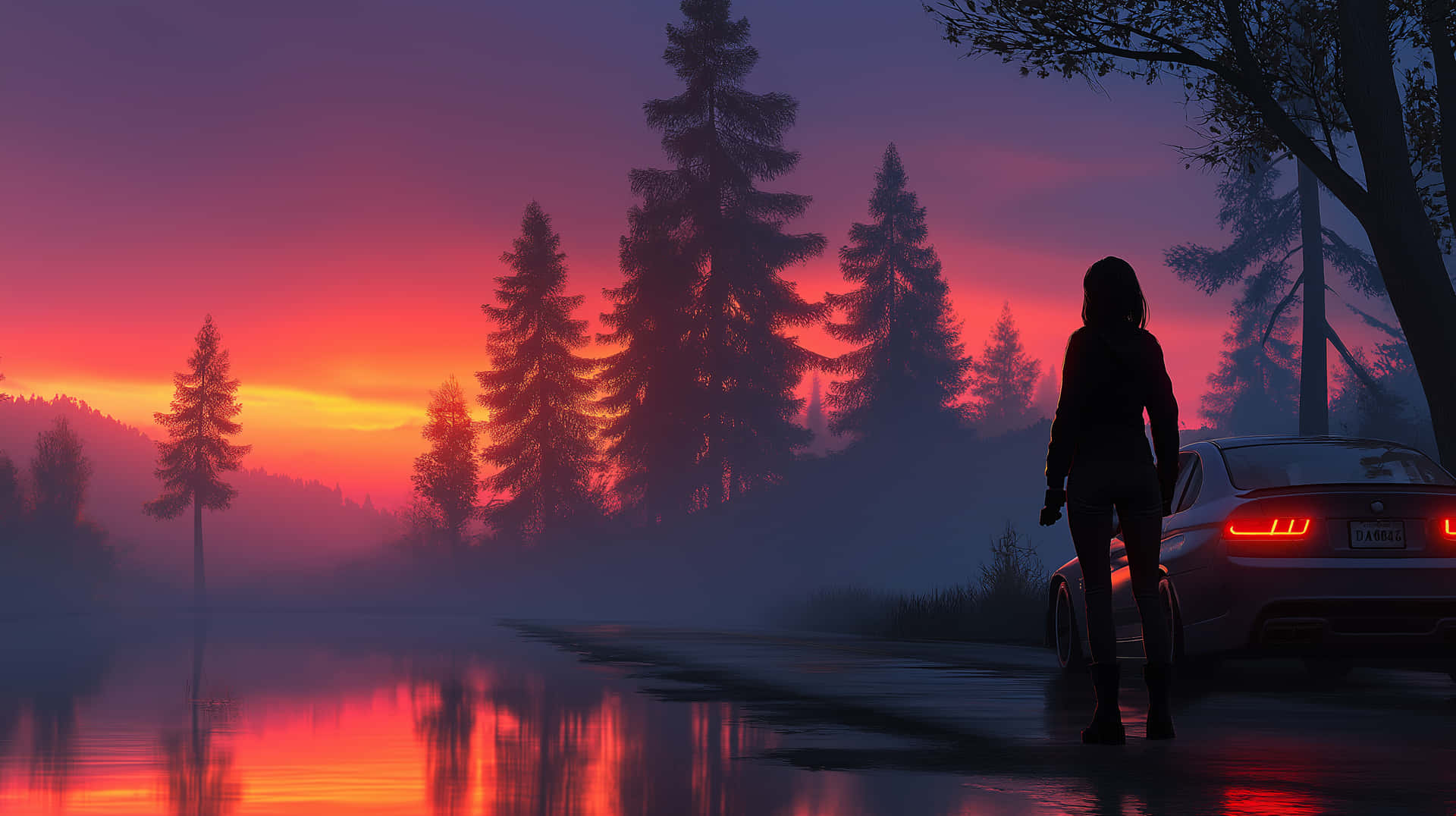 Woman and Car by Lake at Fiery Forest Sunset 壁紙 — 一個孤獨的身影站在霧氣瀰漫的道路旁，車旁，熾熱的夕陽色彩塗滿天空，並在濕漉漉的路面上反射。