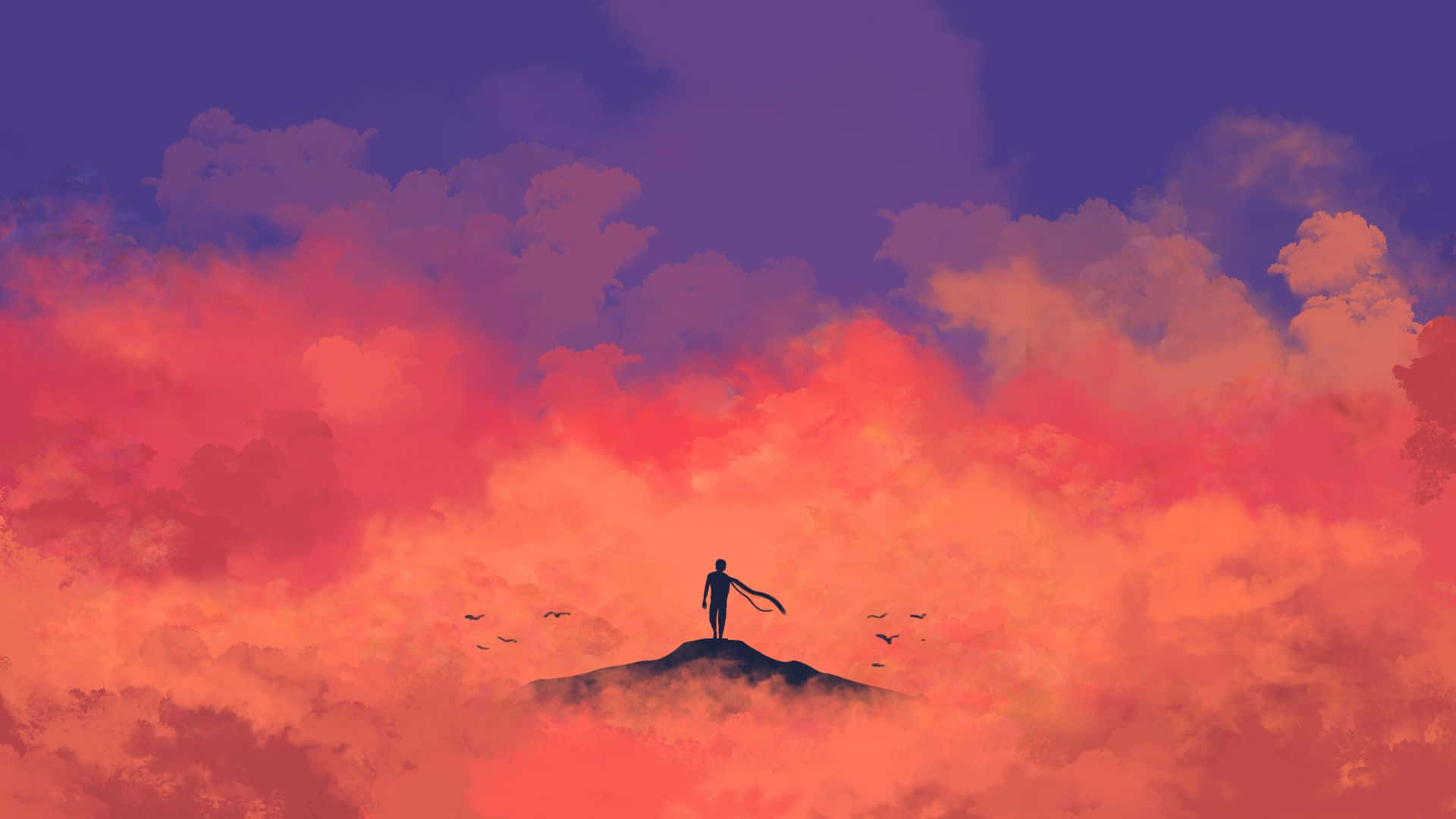 1920 X 1080 Minimalist 桌布 壁紙 — 一個孤獨的身影站在霧氣籠罩的山峰上，背景是火紅的日落天空，附近有鳥兒飛翔。