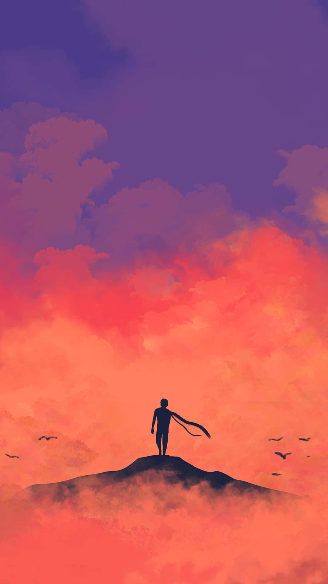 Lo Fi Aesthetic 桌布 壁紙 — 一個孤獨的身影站在霧氣繚繞的山峰頂上，背景是鳥兒飛翔的絢麗日落天空。