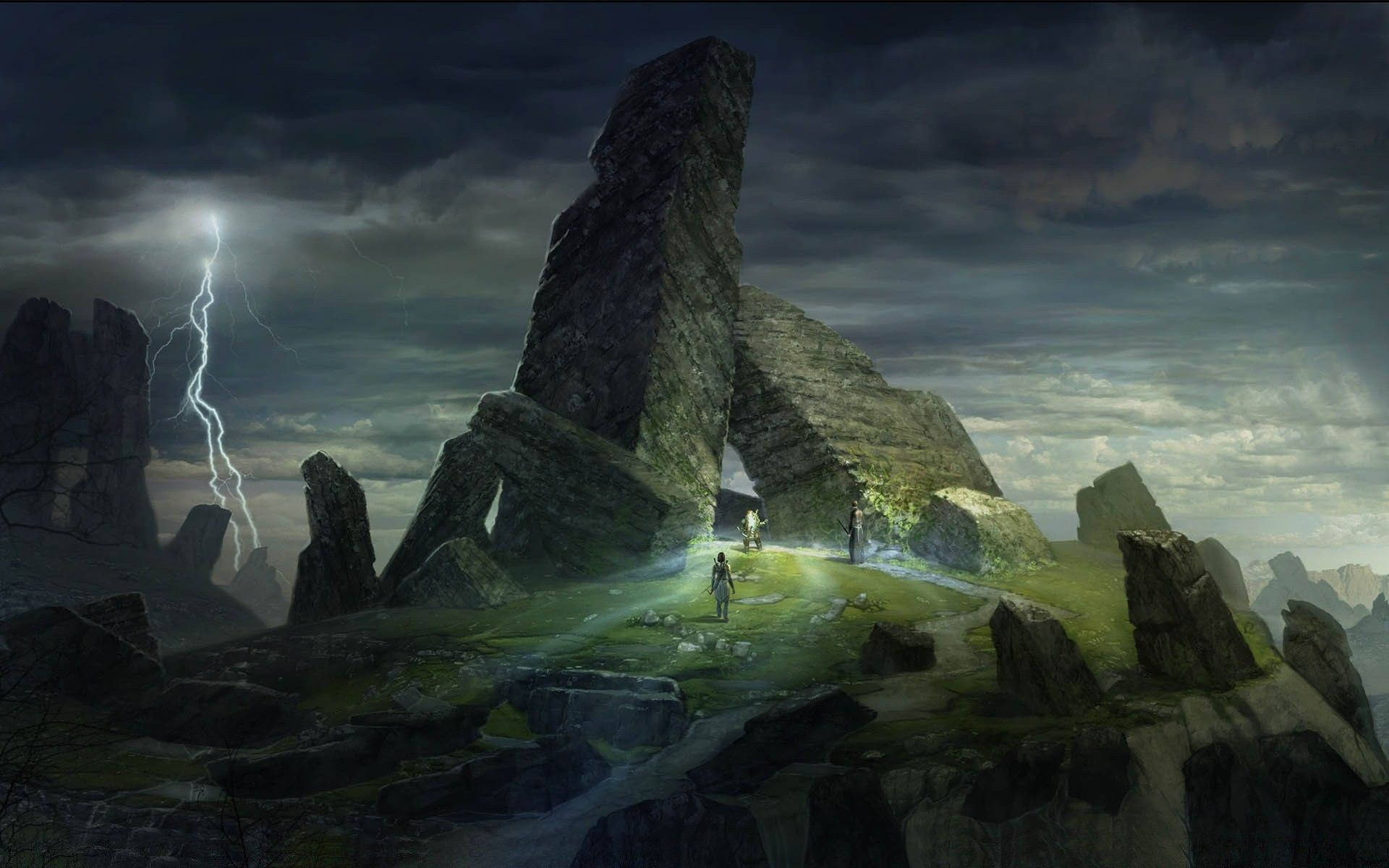 Lotr 桌布 壁紙 — 一個孤獨的身影站在風暴中的山區廢墟裡，面前是發光的拱門，閃電劃破天際。