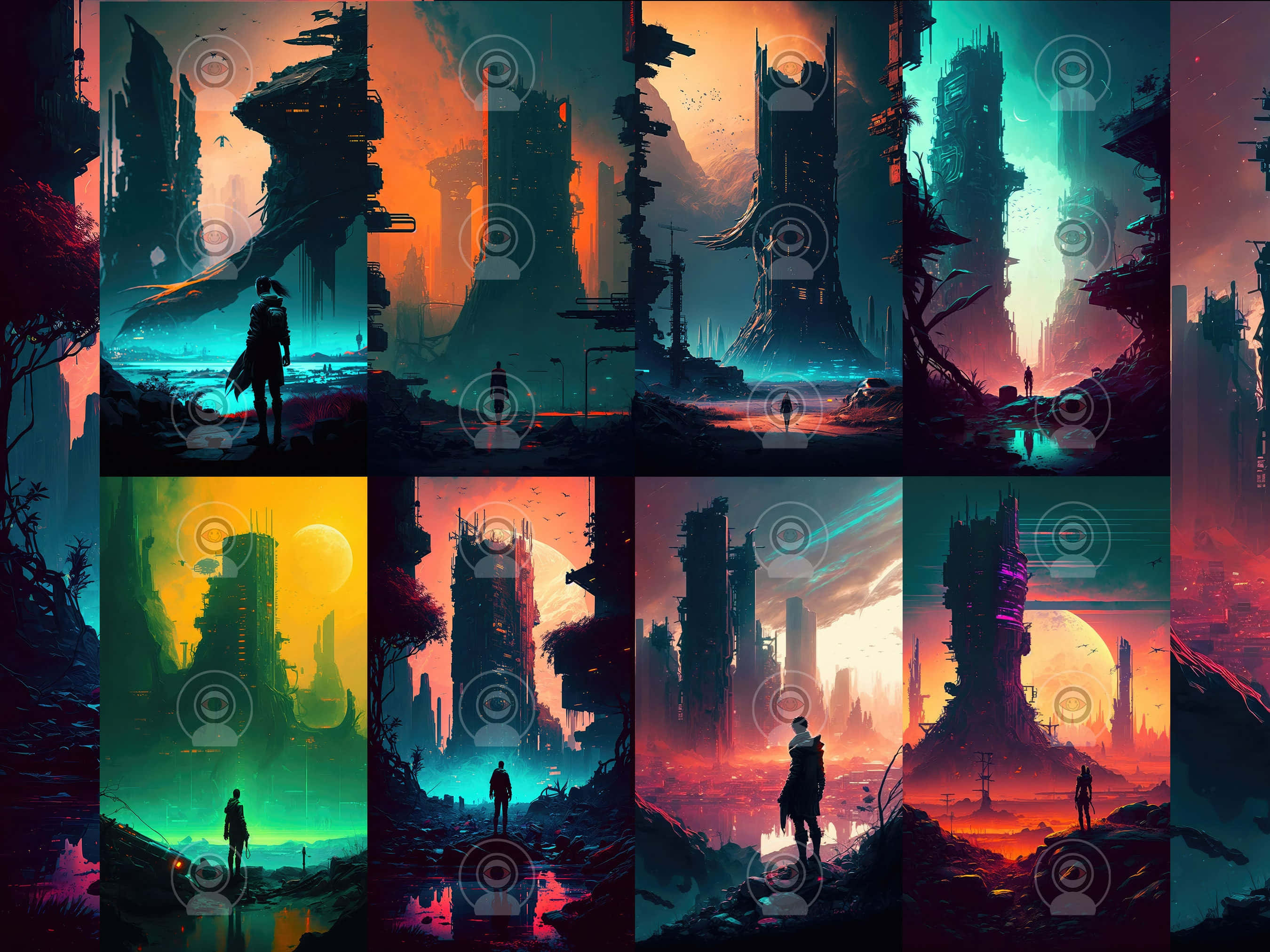 Dark Cyberpunk 桌布 壁紙 — 一個孤獨的身影站在高聳、霓虹燈照亮的未來城市廢墟前，背景是戲劇性的外星天空。