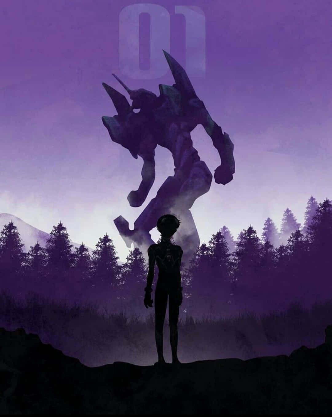 evangelion 4K 桌布 壁紙 — 一個孤獨的身影站在高聳的 Evangelion Unit-01 剪影前，背景是紫色的暮色森林。
