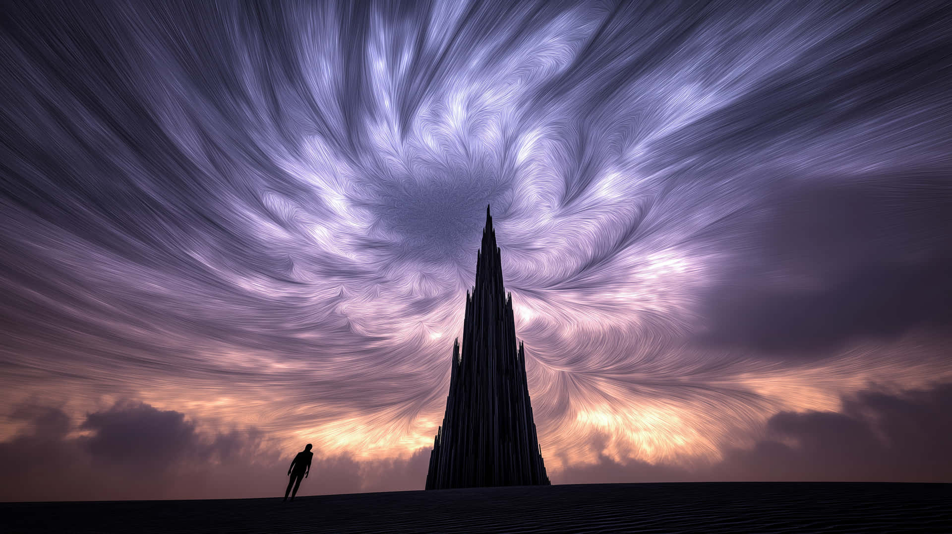 Silhouette Before Spire Under Swirling Galactic Sky 壁紙 — 一個孤獨的身影站在高聳的尖塔前，天空呈現紫色和橙色漩渦。