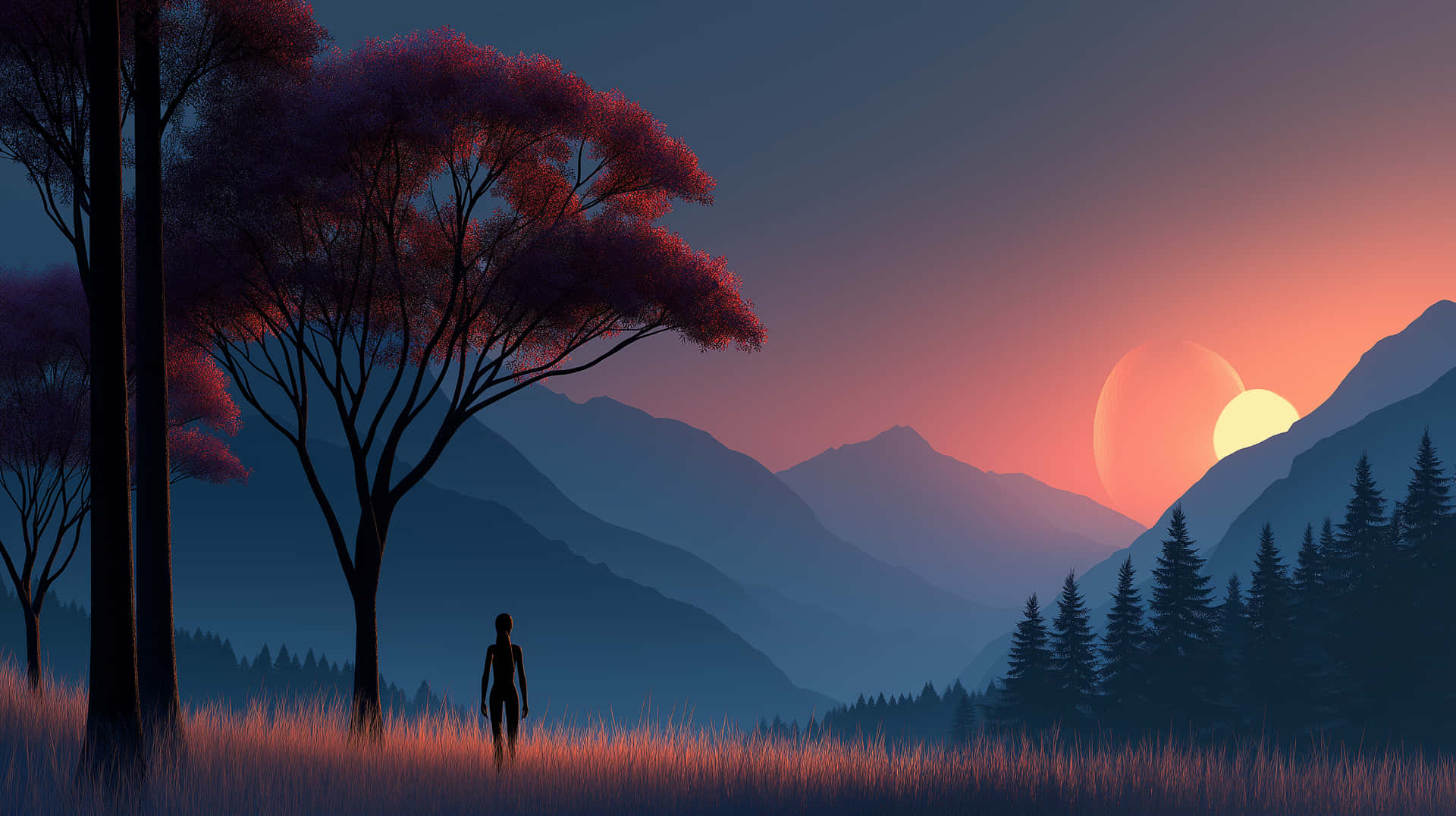 Vibrant Mountain Landscape with Solitary Figure at Sunset 壁紙 — 一個孤獨的身影站在高草叢中，在暮色天空下，兩個太陽從遠山後升起。
